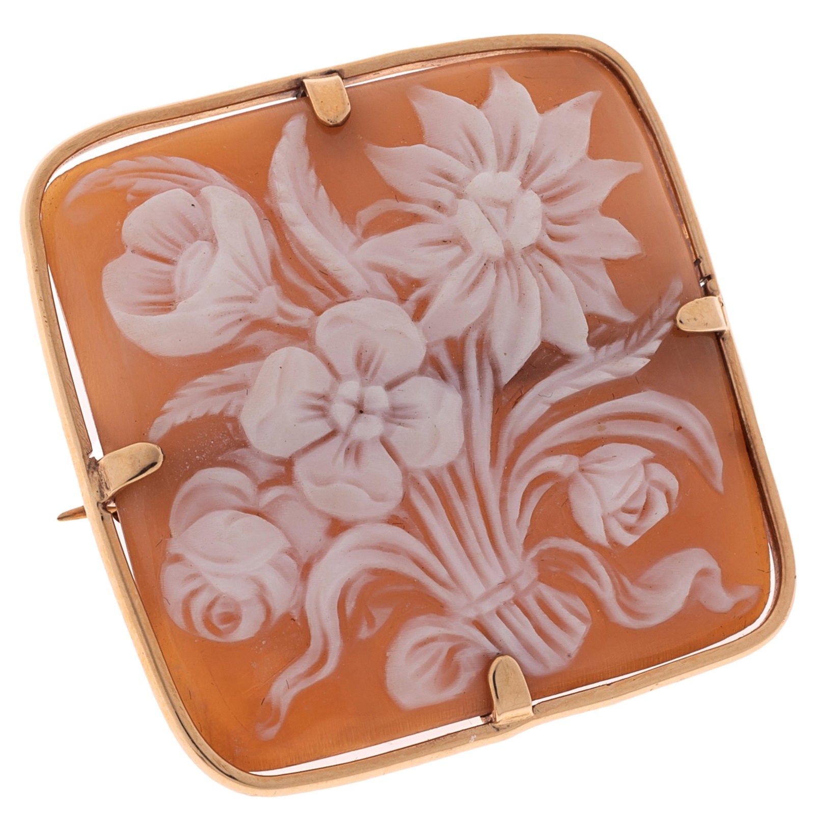 Shell Cameo, 14k Yellow Gold Pin: Shell Cameo, 14k Yellow Gold Pin Featuring a square shell cameo carved as a bouquet of flowers, set in a 14k yellow gold pin mounting measuring approximately 1.38 x 1.37 inches. Gross weight: 8.9 gram