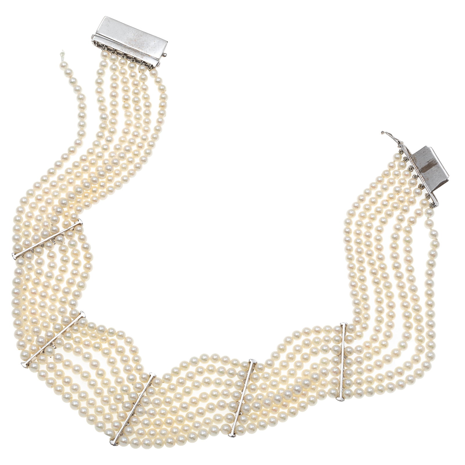 Diamond, Cultured Pearl, 14k Dog Collar Necklace: Diamond, Cultured Pearl, 14k Dog Collar Necklace Composed of numerous round cultured pearls, each measuring from approximately 3.9 to 3.5 mm, interspaced by five white gold stations, each designed as