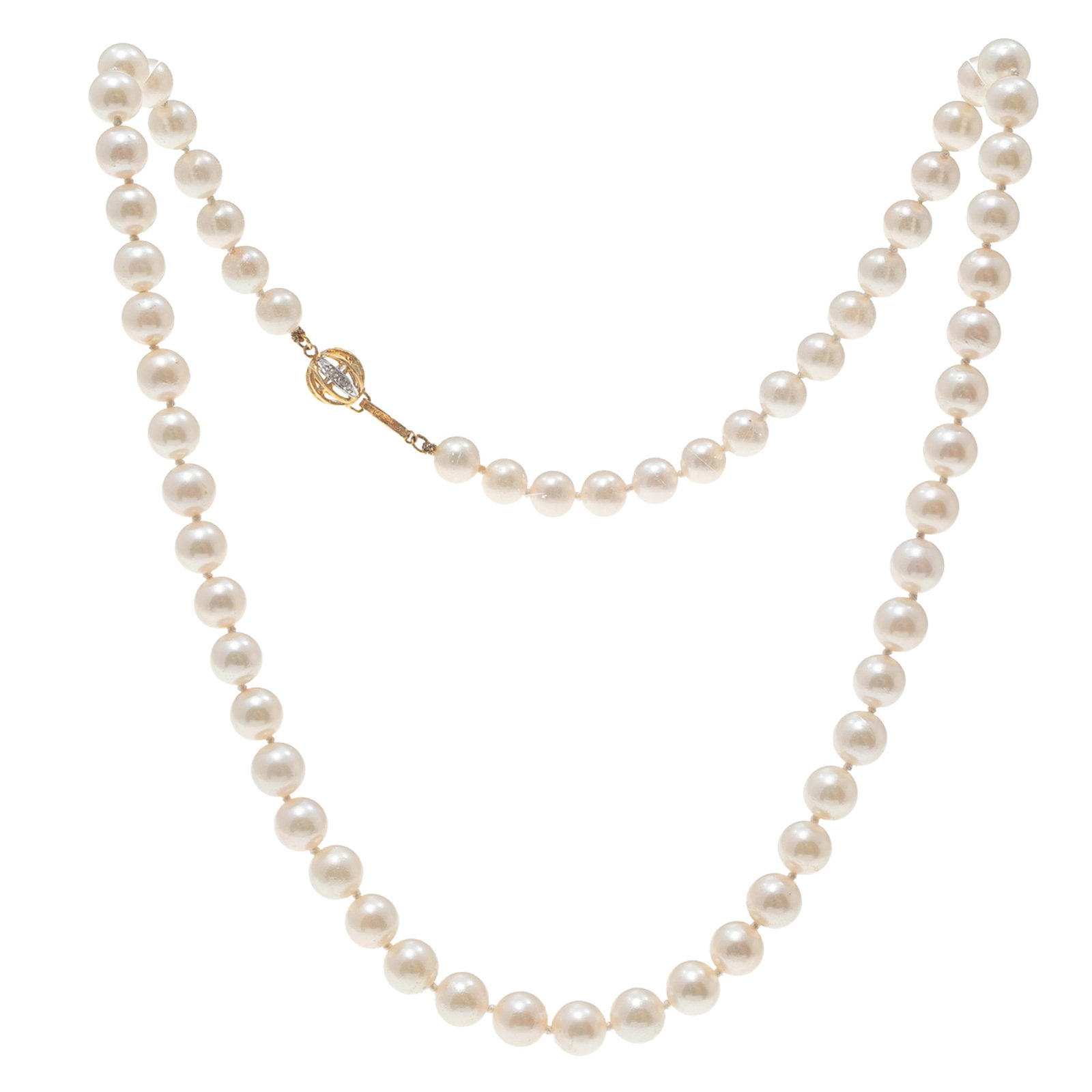 Cultured Pearl, Diamond, 14k Necklace: Cultured Pearl, Diamond, 14k Necklace Composed of sixty-one near round cultured pearls, each measuring approximately 6.9 to 6.5 mm, completed by a diamond, 14k yellow and white gold hook and box
