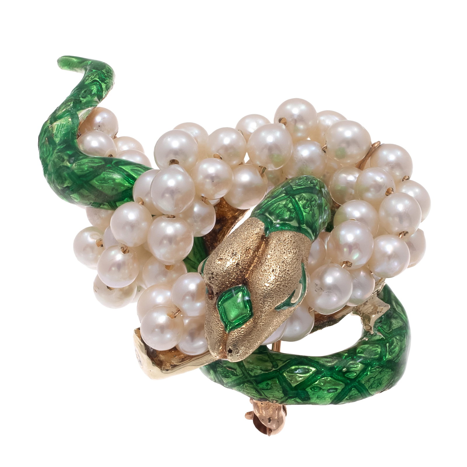 Cultured Pearl, Enamel, 14k Yellow Gold Snake Pin: Cultured Pearl, Enamel, 14k Yellow Gold Snake Pin Designed as a coiled snake accented by green guilloche enamel, intertwined with numerous near round cultured pearls, set in a 14k yellow gold pin