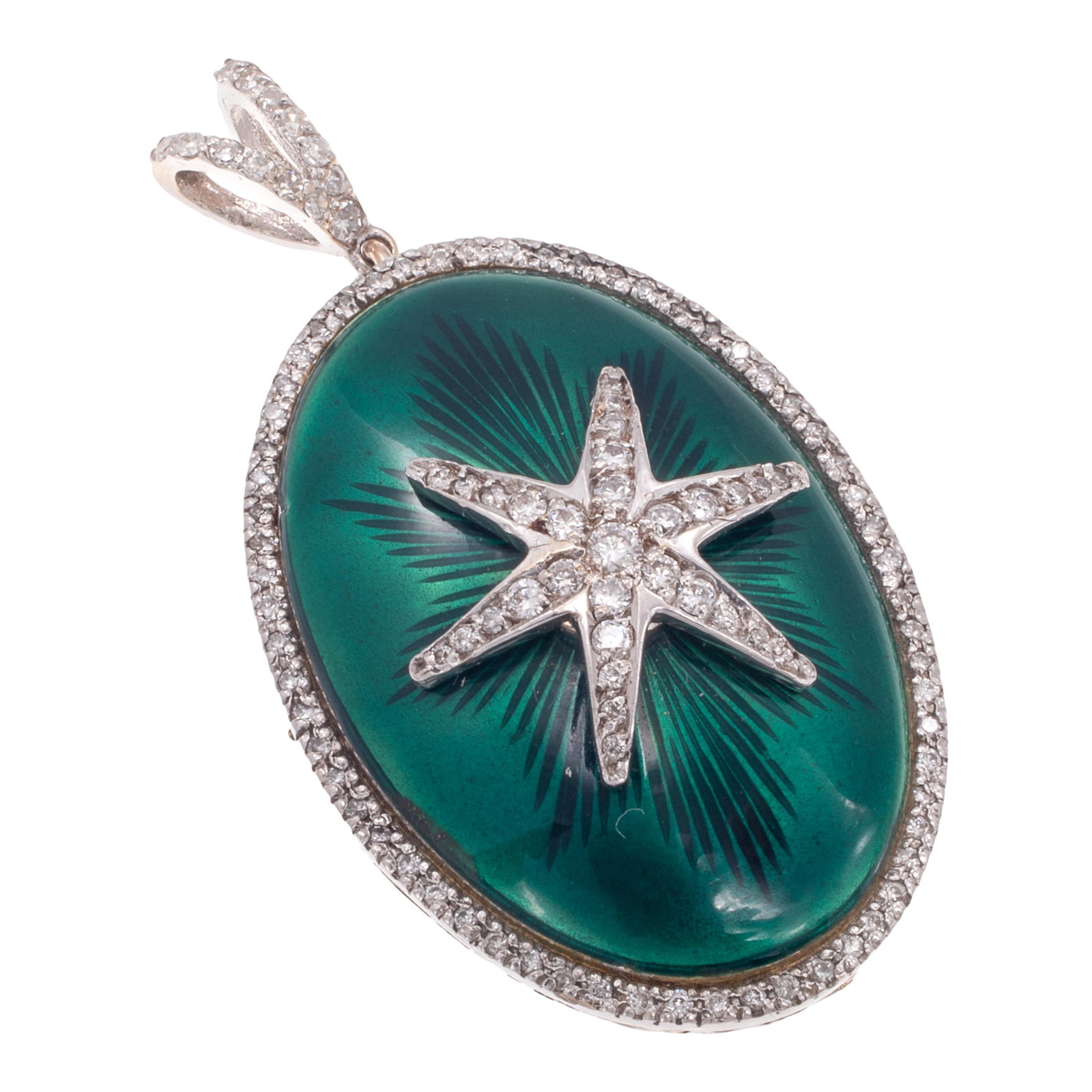 Diamond, Enamel, 18k Yellow Gold Pendant: Diamond, Enamel, 18k Yellow Gold Pendant Centering oval guilloche enamel inset with a white gold star accented by thirty-one round brilliant-cut diamonds, highlighted by seventy-five additional full a