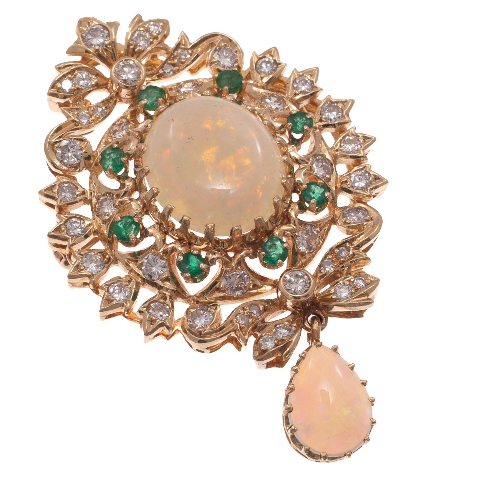 Opal, Diamond, Emerald, 14k Yellow Gold Pin Pendant: Opal, Diamond, Emerald, 14k Yellow Gold Pin Pendant Featuring one oval and one pear-shape opal cabochon weighing a total of approximately 11.50 cttw., accented by forty-one round brilliant and single-