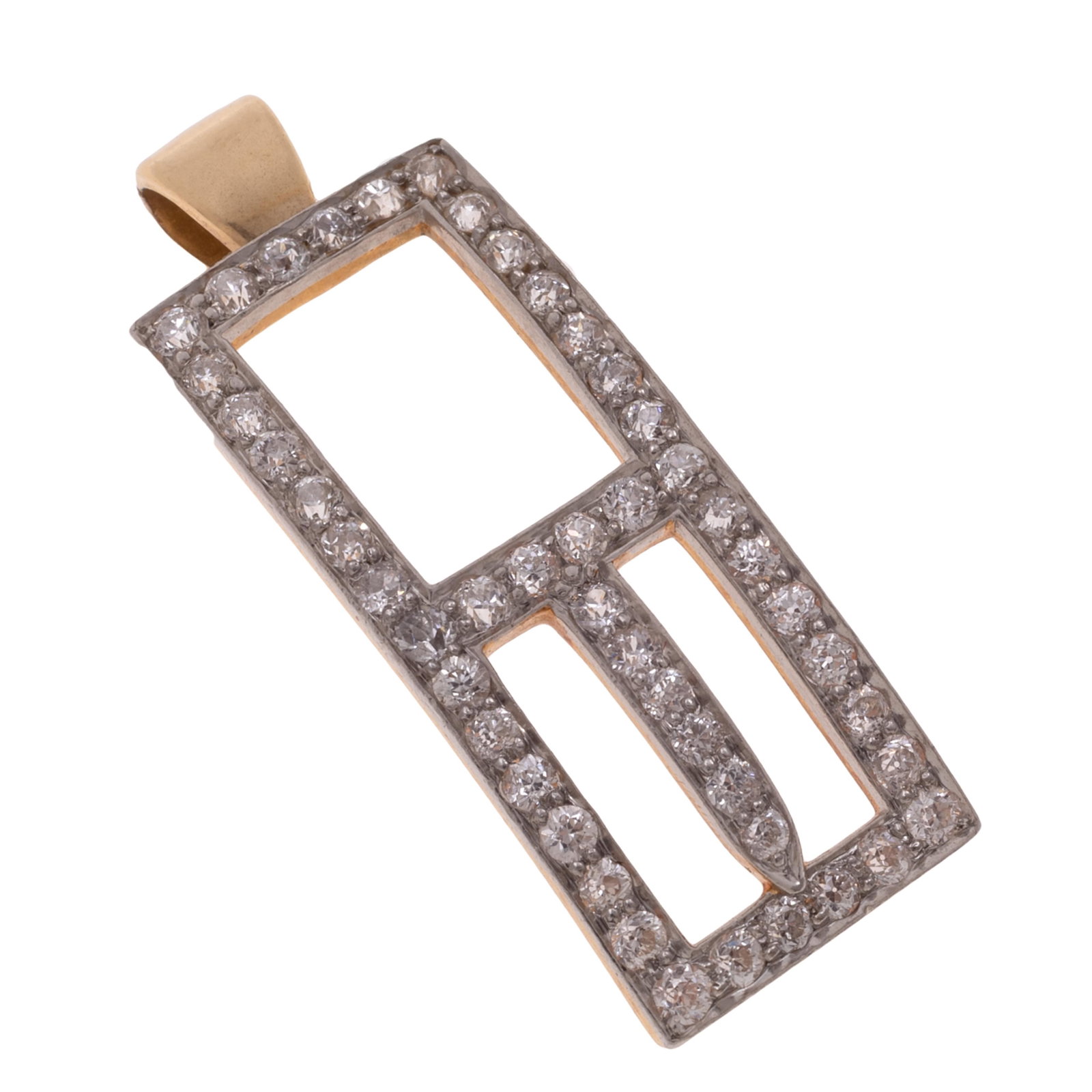 Diamond, 14k Buckle Pendant: Diamond, 14k Buckle Pendant Designed as buckle enhanced by forty-eight round brilliant-cut diamonds weighing a total of approximately 0.96 cttw., set in a 14k yellow gold pendant mounting measuring ap