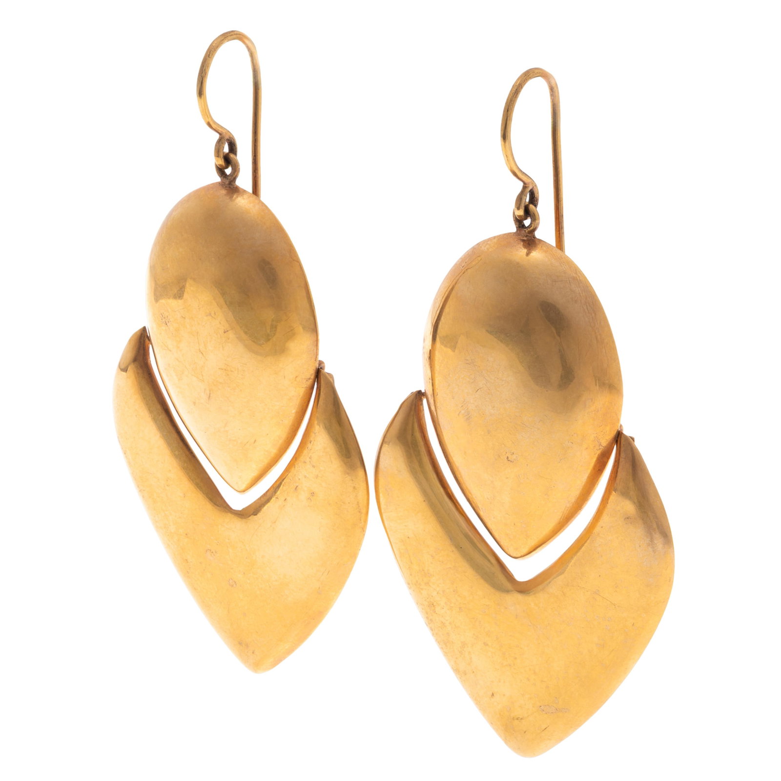 Pair of 14k Yellow Gold Earrings: Pair of 14k Yellow Gold Earrings The pair of 14k yellow gold articulated earrings, each measuring approximately 2.50 x 1.20 inches. Gross weight: 9.9 grams.