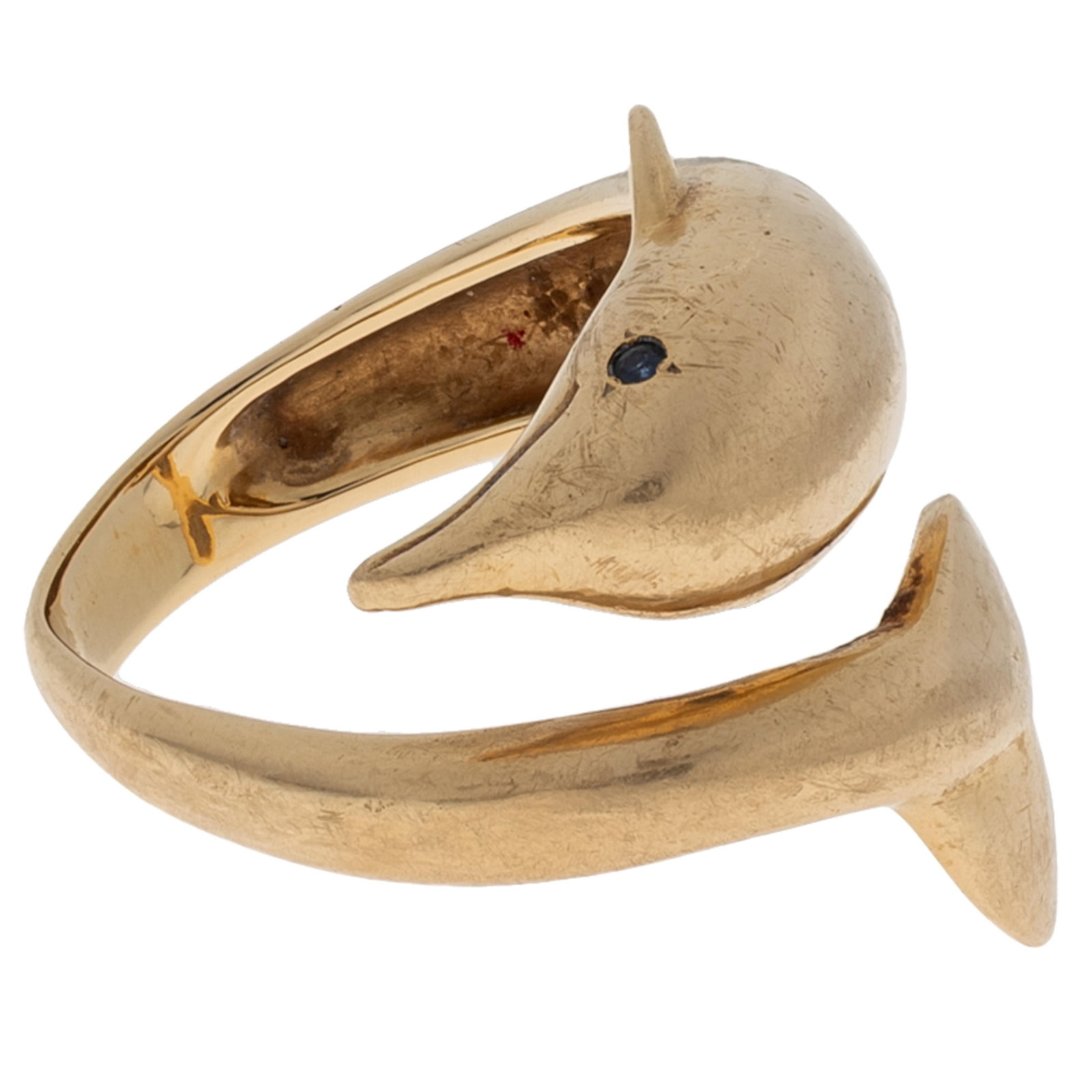 Sapphire, 14k Yellow Gold Dolphin Ring: Sapphire, 14k Yellow Gold Dolphin Ring Designed as a dolphin, the eyes two round-cut sapphires, set in a 14k yellow gold ring mounting. Gross weight: 9.7 grams. Item condition: shank out of round, una