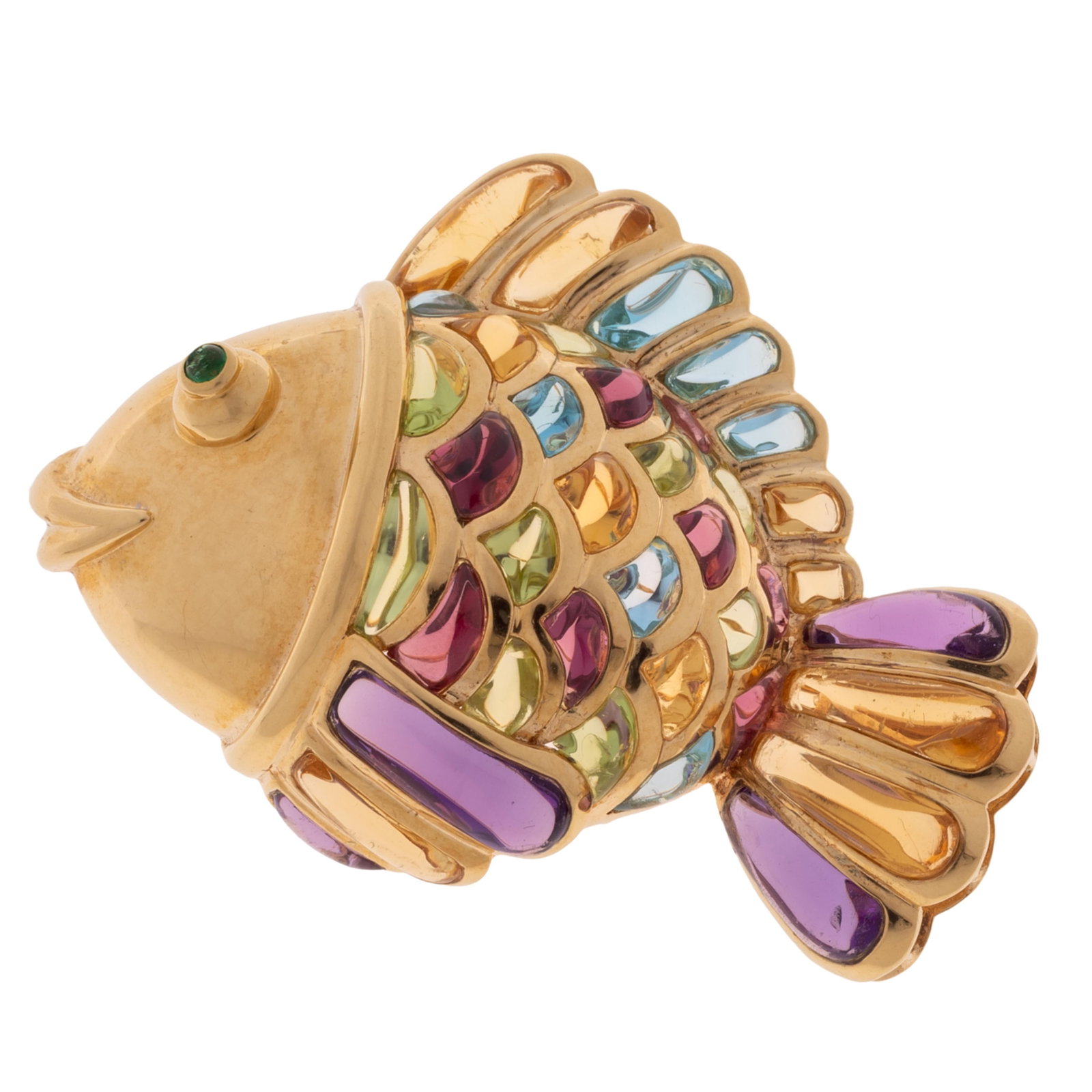 Multi-Stone, 18k Yellow Gold Fish Pin: Multi-Stone, 18k Yellow Gold Fish Pin Designed as a fish, the eye one round-cut emerald cabochon, the scales and fins highlighted by citrine, blue topaz, peridot, garnet and amethyst cabochons, set in