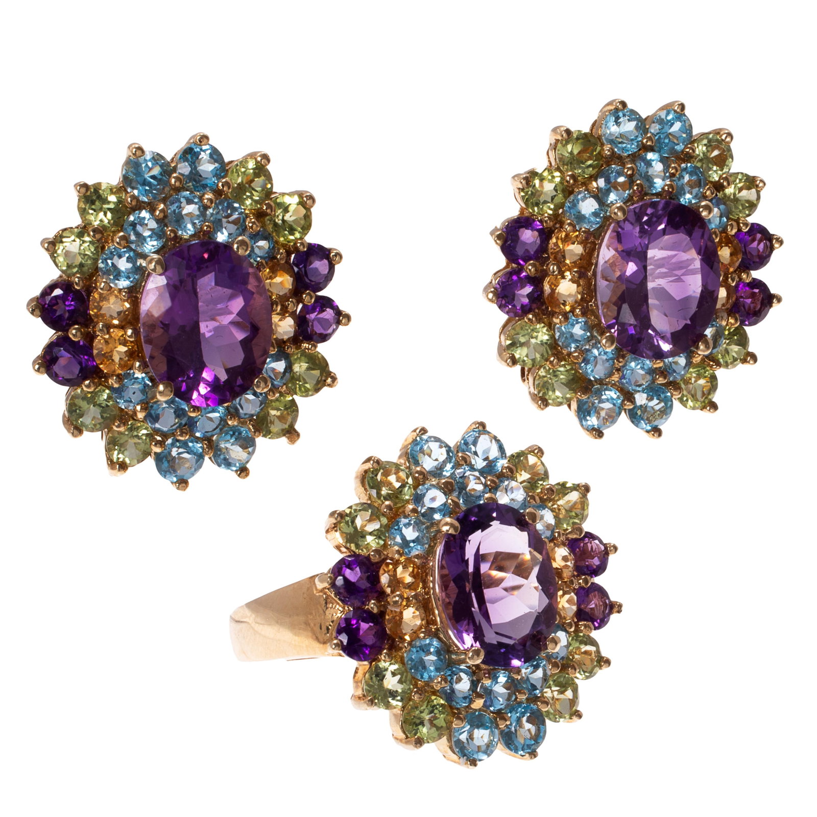 Multi-Stone, 14k Yellow Gold Jewelry Suite: Multi-Stone, 14k Yellow Gold Jewelry Suite Including a ring centering one oval-cut amethyst measuring approximately 10.0 x 7.8 mm, accented by round-cut blue topaz, peridot, citrine, and amethyst, set