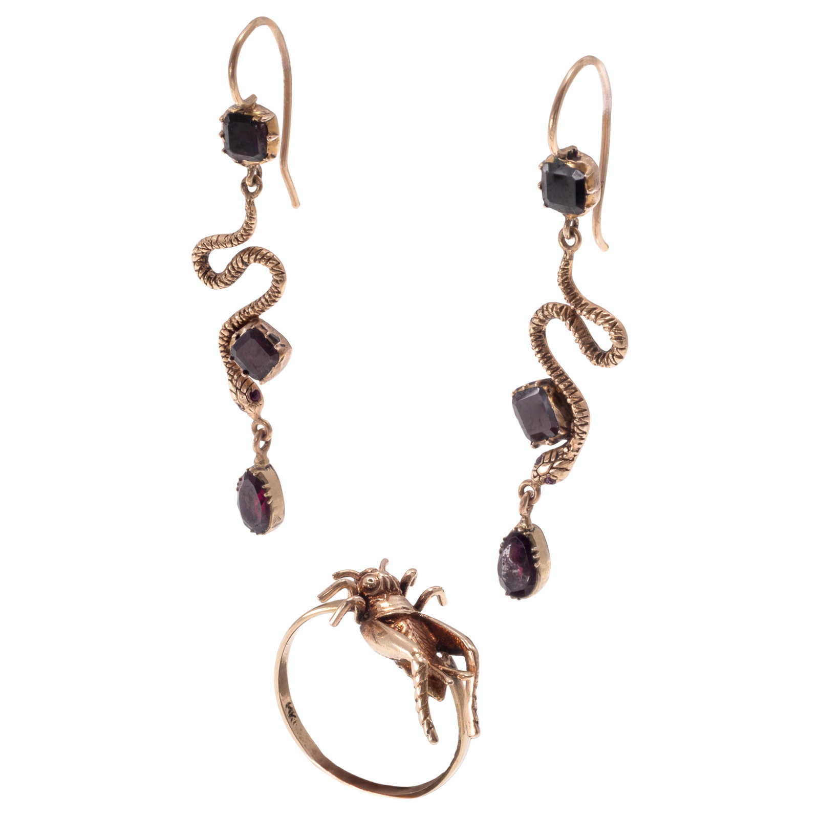 Pair of Garnet, 14k Snake Earrings with 14k Grasshopper Ring (1 of 4)