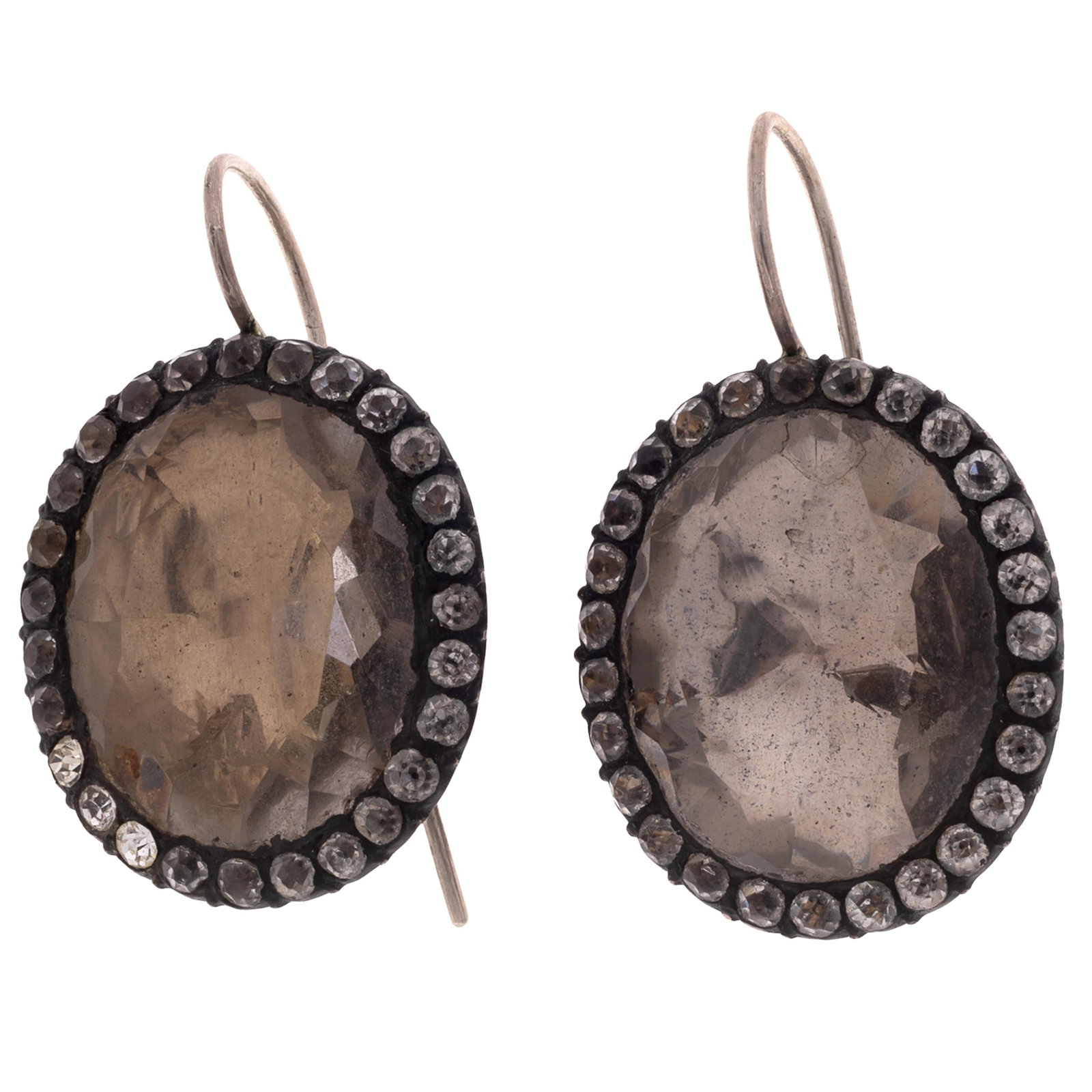Pair of Georgian Paste, Silver Gilt Earrings: Pair of Georgian Paste, Silver Gilt Earrings Centering one oval foiled glass framed by round-cut pastes, set in a silver gilt mounting, each measuring approximately 1.05 x 0.90 inches (26.7 x 22.9 mm)
