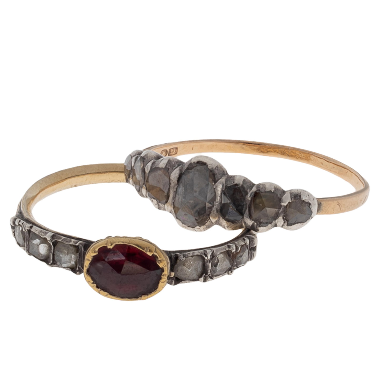 Collection of two Georgian Diamond, Gold, Silver Rings: Collection of two Georgian Diamond, Gold, Silver Rings Including one ring featuring seven rose-cut diamonds set in a silver-topped, 18k yellow gold ring mounting, size 8; together with one ring center
