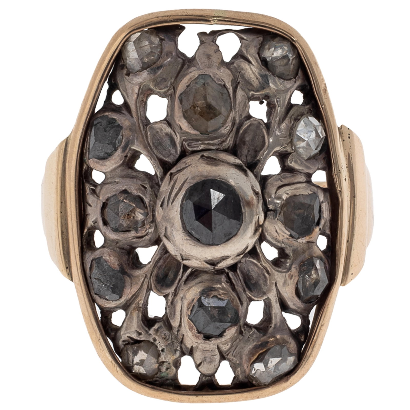 Diamond, 14k Yellow Gold, Silver Ring: Diamond, 14k Yellow Gold, Silver Ring Featuring thirteen rose-cut diamonds measuring from approximately 3.78 to 2.72 mm, set in a foliate-motif, silver-topped, 14k yellow gold ring mounting, size 7 1/