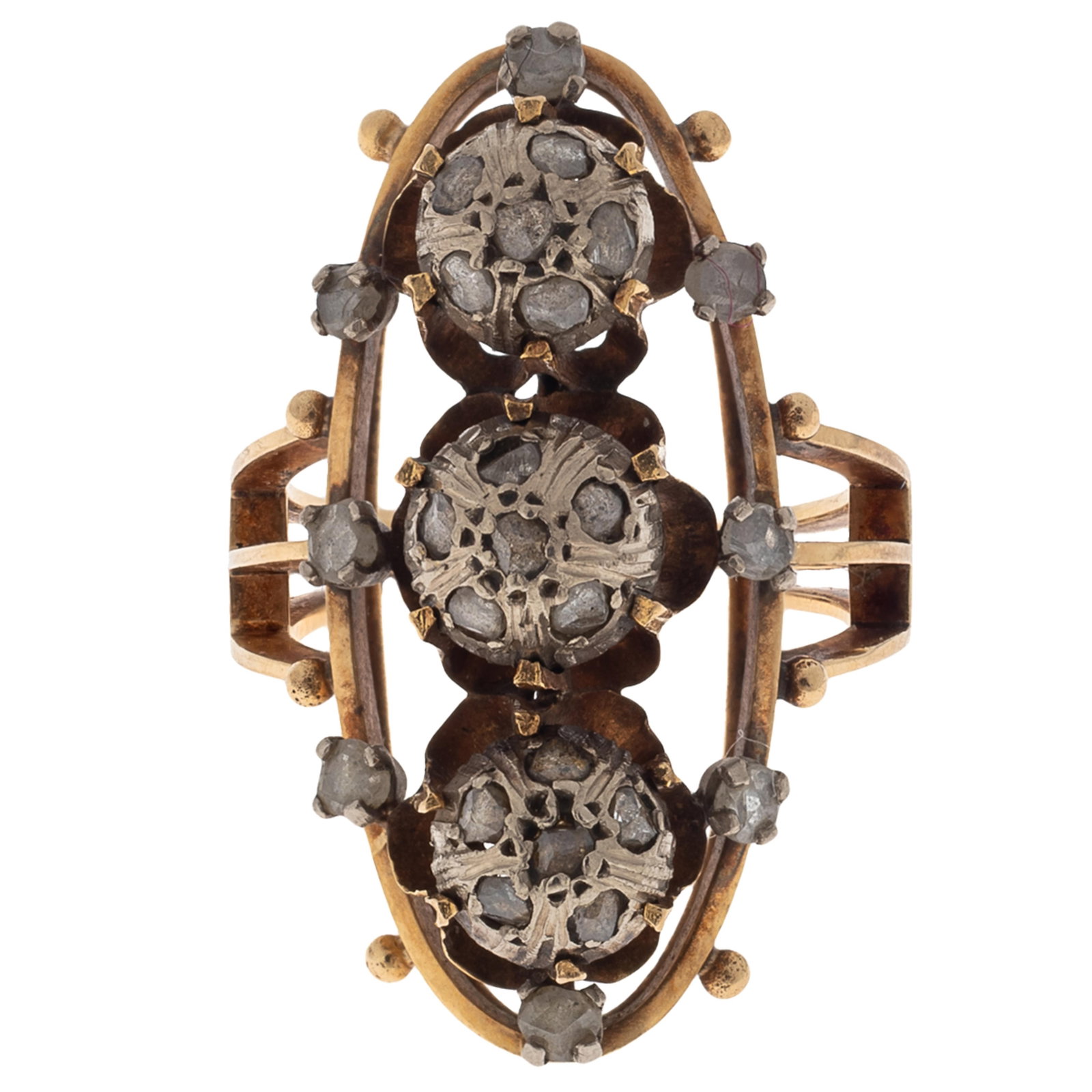 Diamond, 18k Yellow Gold, Silver Ring: Diamond, 18k Yellow Gold, Silver Ring Featuring twenty-six rose-cut diamonds measuring from approximately 2.5 to 1.6 mm, set in a silver-topped, 18k yellow gold ring mounting, size 6. Gross weight: