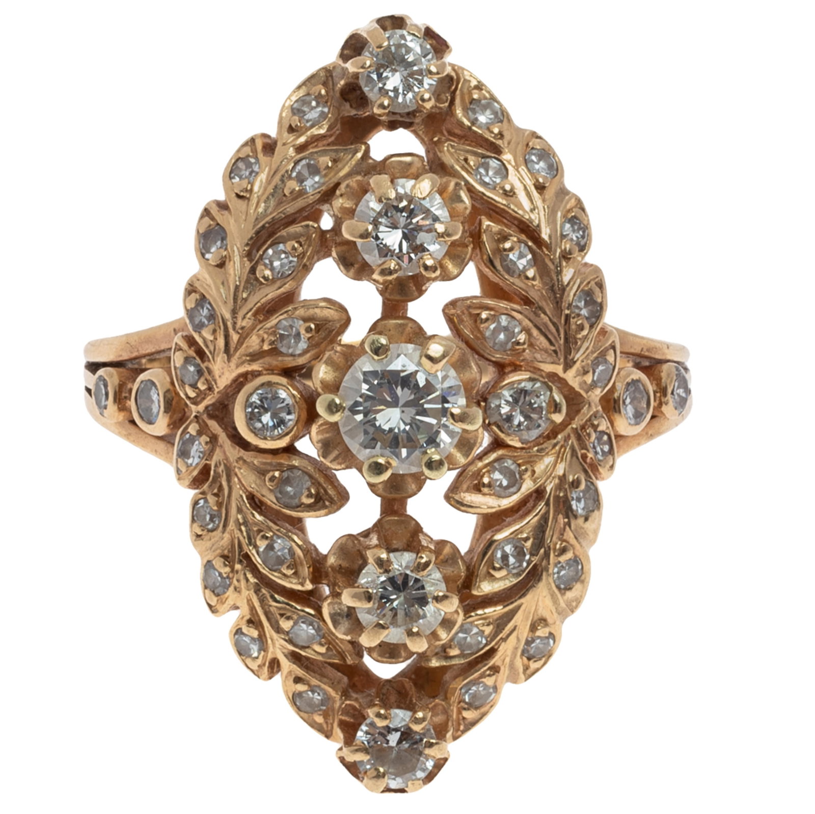 Diamond, 14k Yellow Gold Ring: Diamond, 14k Yellow Gold Ring Designed in a foliate motif, featuring forty-three round brilliant and single-cut diamonds weighing a total of approximately 1.05 cttw., set in a 14k yellow gold ring