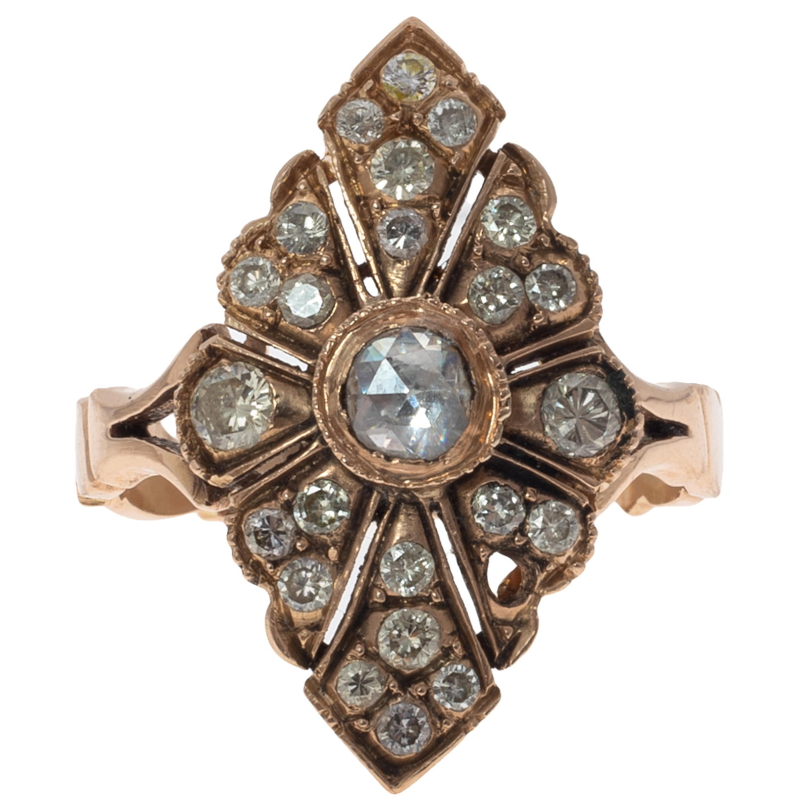 Victorian Revival Diamond, 14k Rose Gold Ring: Victorian Revival Diamond, 14k Rose Gold Ring Centering one rose-cut diamond measuring approximately 3.83 mm, accented by twenty-four full-cut diamonds weighing a total of approximately 0.46 cttw.,