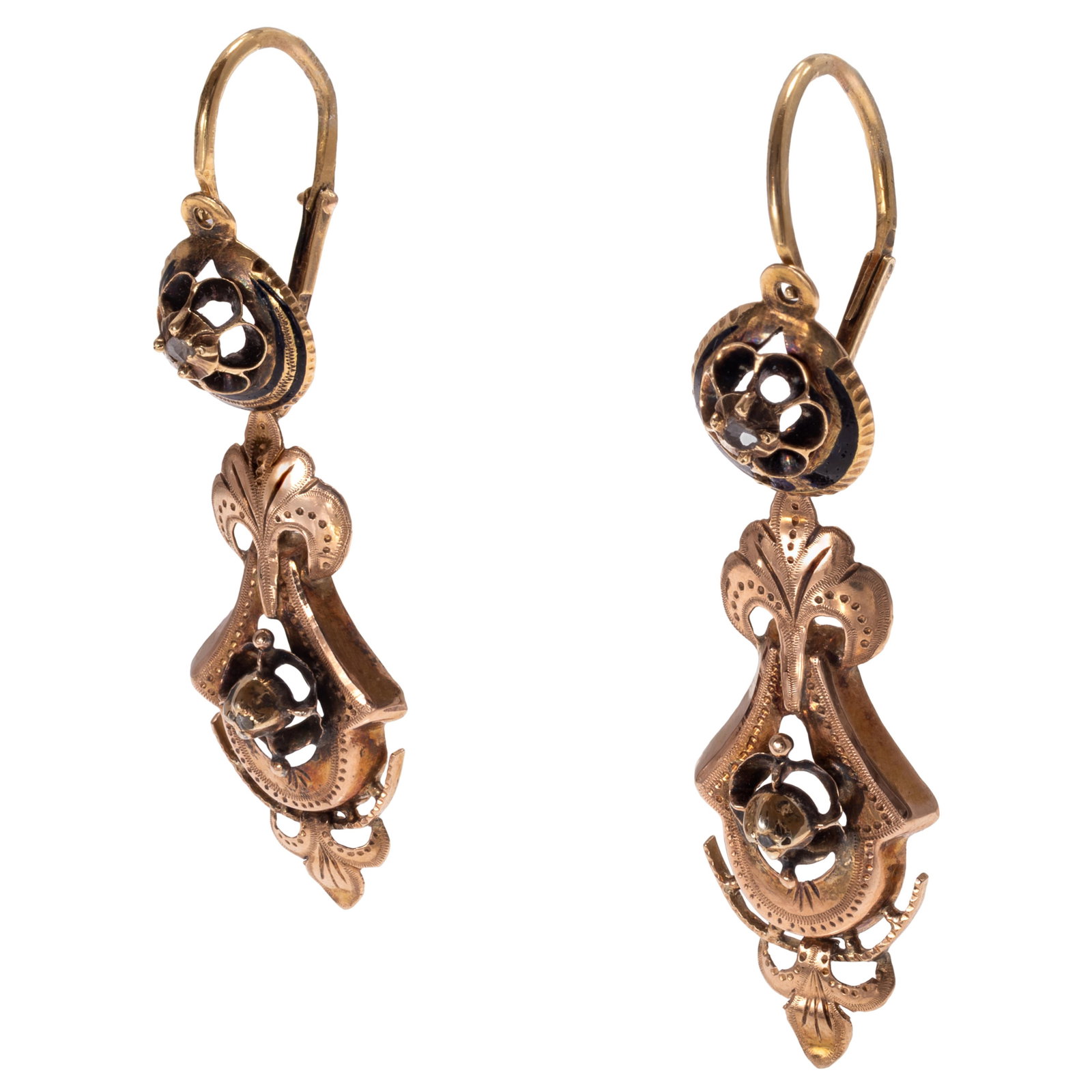 Pair of Victorian Diamond, 14k 'Day and Night' Earrings: Pair of Victorian Diamond, 14k 'Day and Night' Earrings The 14k rose gold earrings, each centering one rose-cut diamond framed by black enamel, suspending a detachable flared drop accented by one