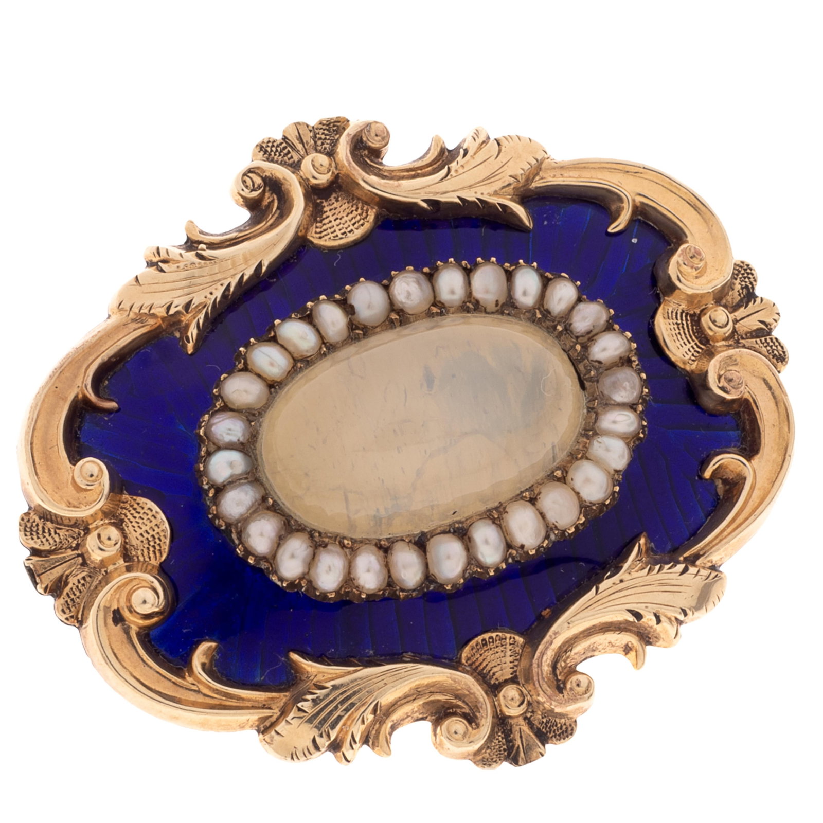 Victorian Moonstone, Pearl, Enamel, Yellow Gold Pin Pendant: Victorian Moonstone, Pearl, Enamel, Yellow Gold Pin Pendant Centering one oval moonstone cabochon framed by seed pearls and highlighted by cobalt blue enamel, set in a scrolling, 10-14k yellow gold pi