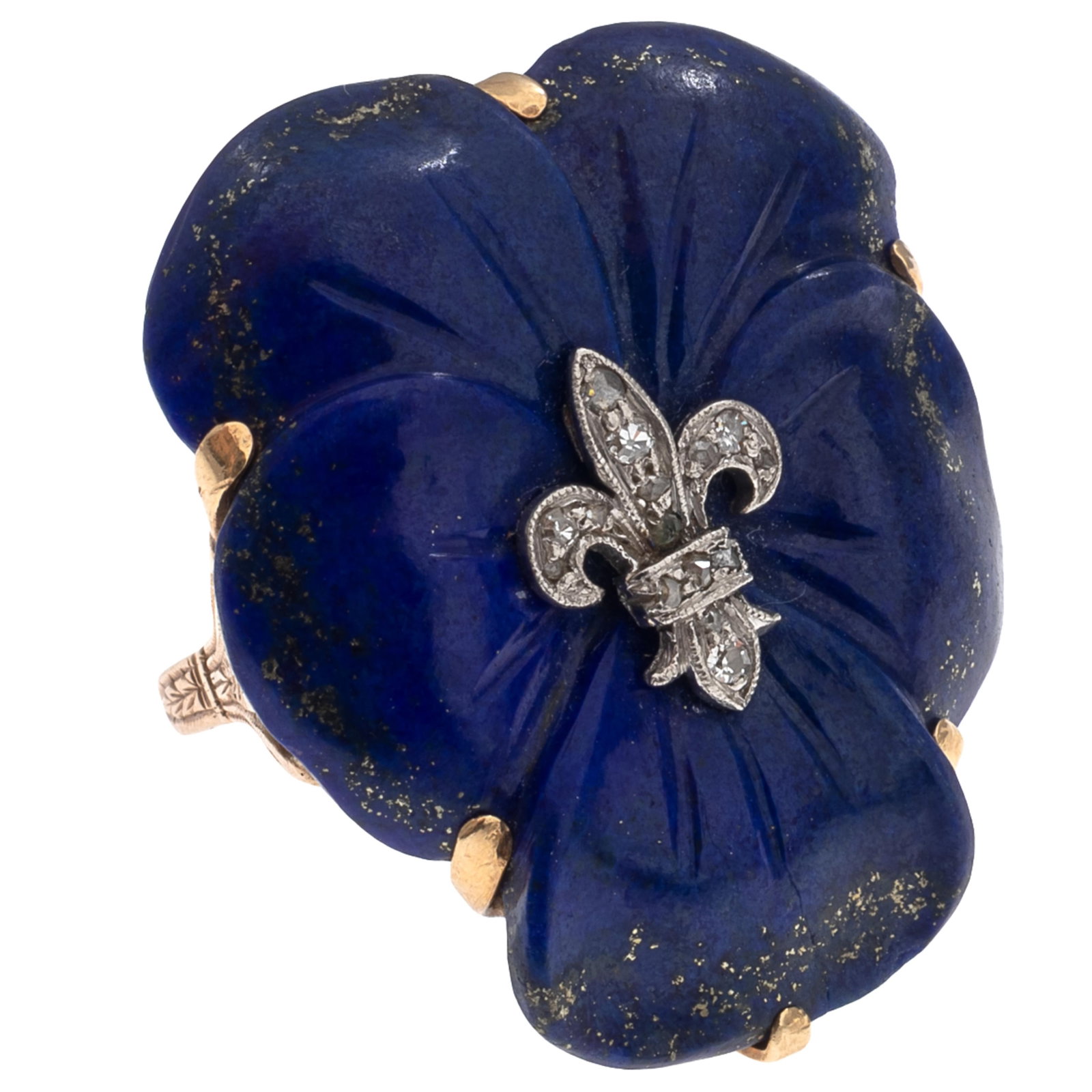 Lapis Lazuli, Diamond, 14k Gold Pansy Ring: Lapis Lazuli, Diamond, 14k Gold Pansy Ring Featuring lapis lazuli carved as a pansy, centering a fleur-de-lis applique highlighted by fifteen single-cut and rose-cut diamonds, set in an engraved, 14k