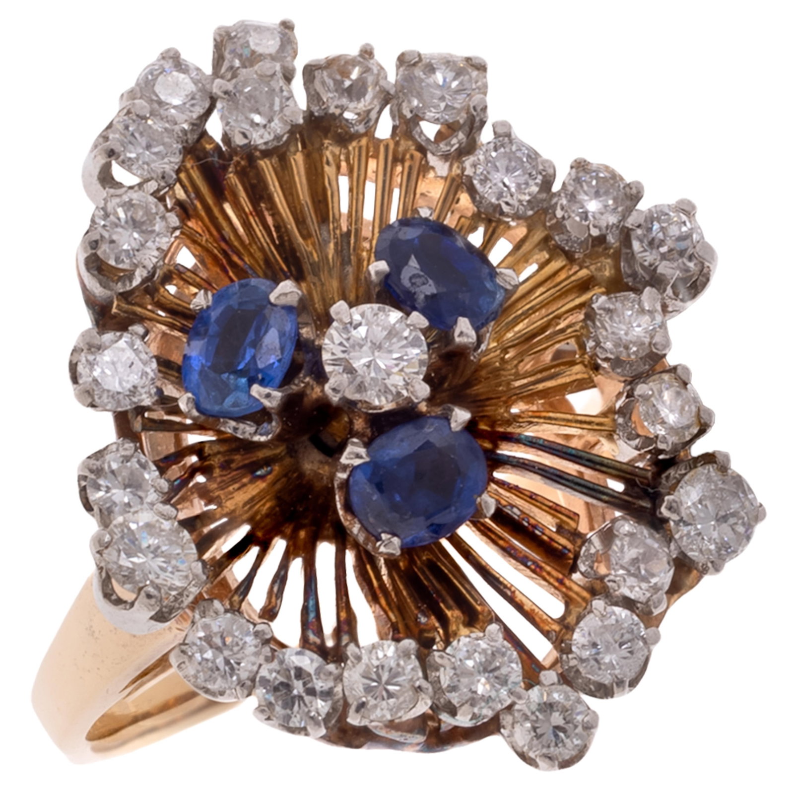 Diamond, Sapphire, 14k Yellow Gold Ring: Diamond, Sapphire, 14k Yellow Gold Ring Designed as a pansy, featuring three oval-cut sapphires weighing a total of approximately 0.64 cttw., accented by twenty-four round brilliant-cut diamonds
