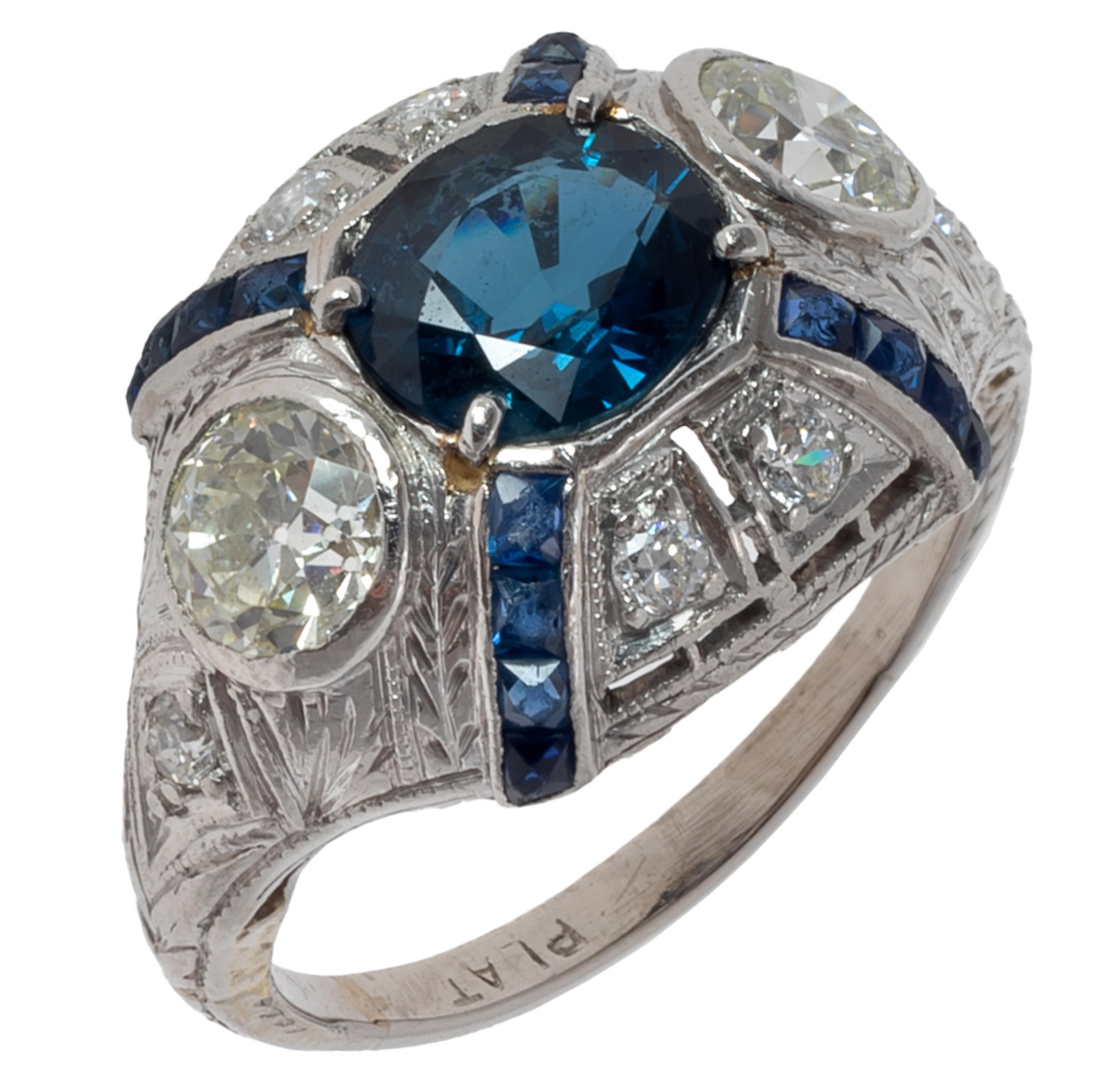 Art Deco Sapphire, Diamond, Platinum Ring: Art Deco Sapphire, Diamond, Platinum Ring Centering one oval-cut sapphire, possibly Montana, weighing approximately 1.10 ct., flanked by two transitional-cut diamonds weighing a total of approximately