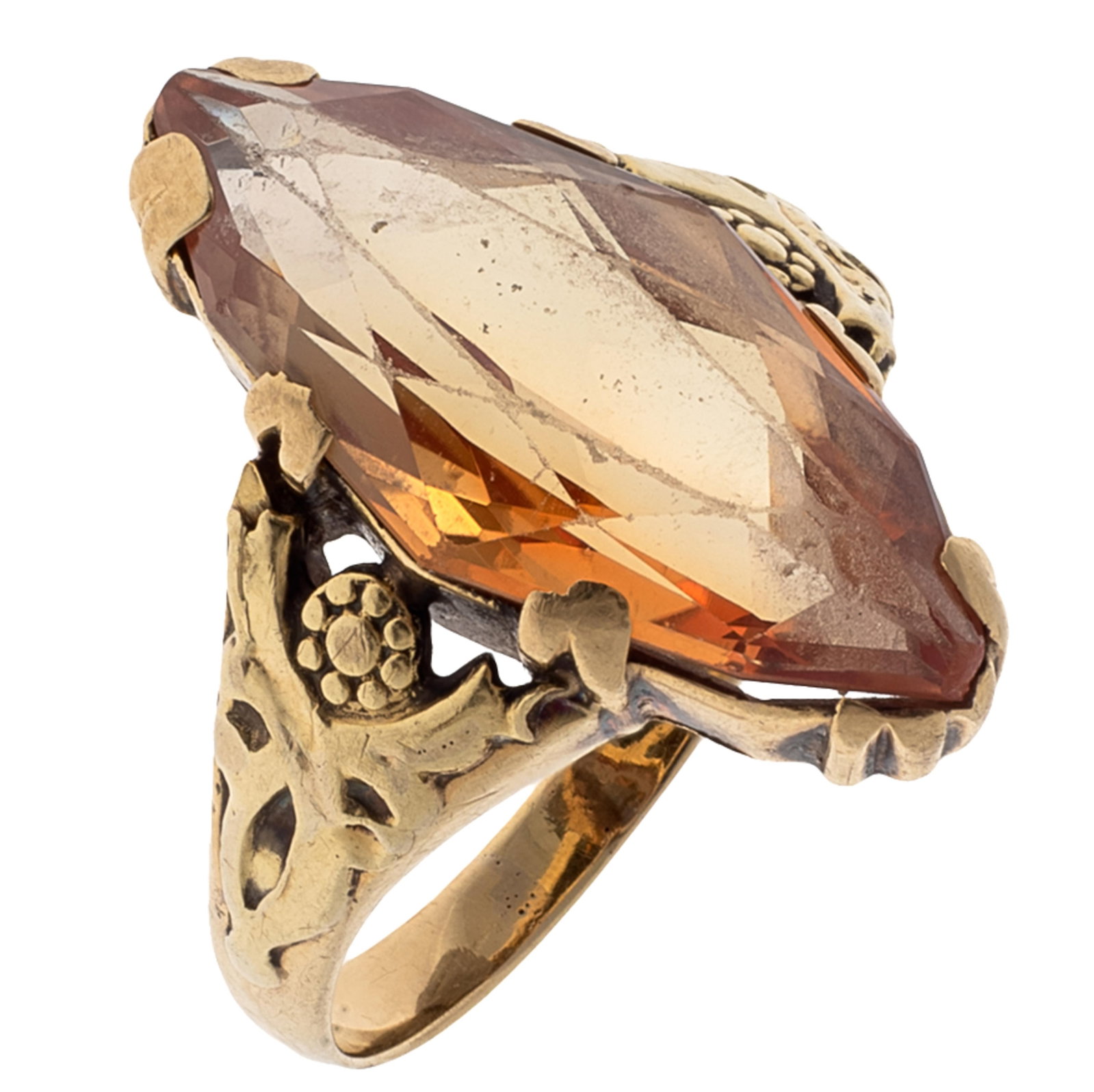 Synthetic Sapphire, 14k Yellow Gold Ring: Synthetic Sapphire, 14k Yellow Gold Ring Featuring a marquise-shape synthetic sapphire weighing approximately 7.69 cts., set in a floral motif, 14k yellow gold ring mounting, size 6 3/4. Gross weight: