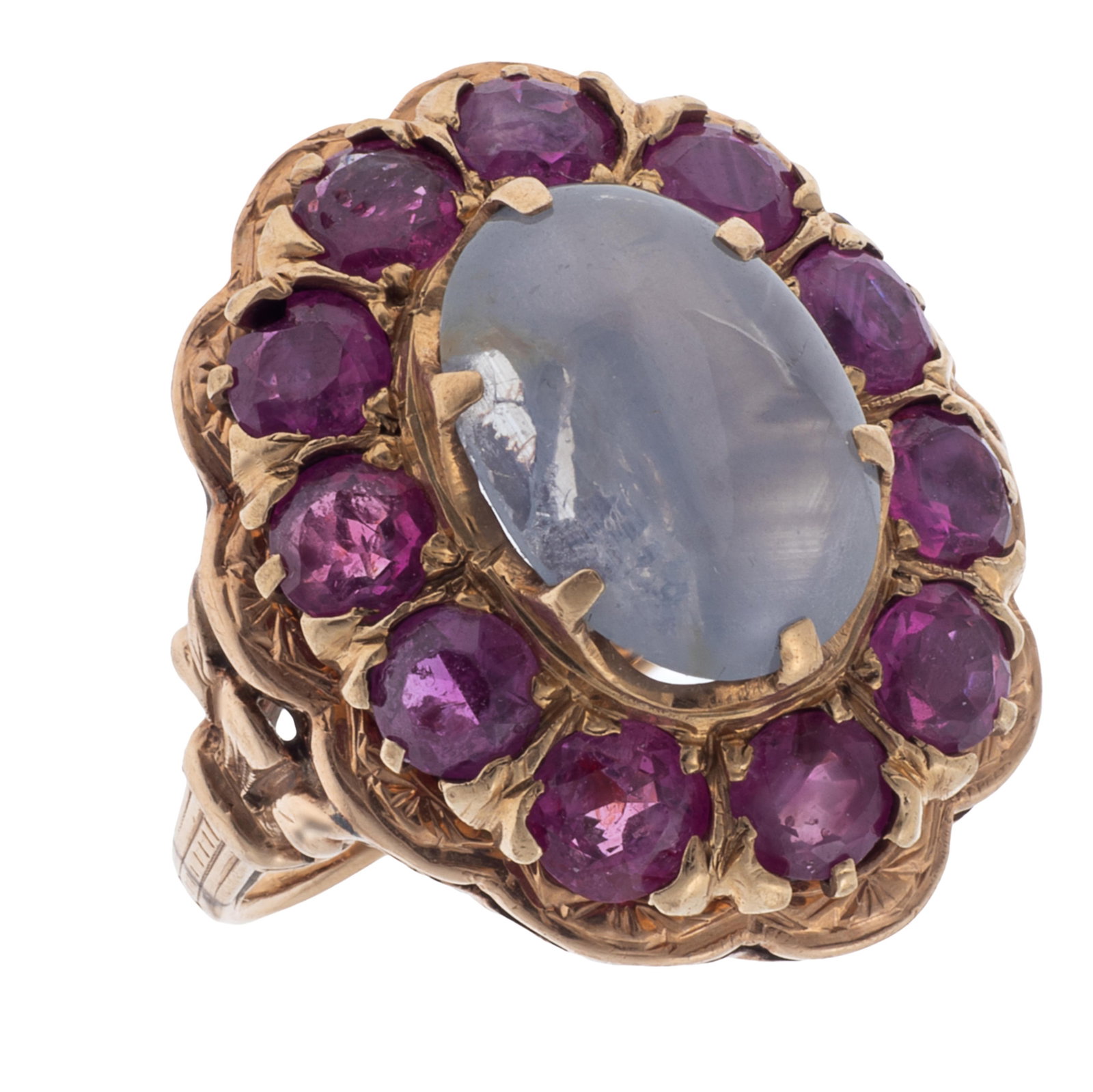 Star Sapphire, Ruby, 14k Rose Gold Ring: Star Sapphire, Ruby, 14k Rose Gold Ring Centering an oval-cut star sapphire measuring approximately 12.35 x 8.87 mm, accented by eleven round-cut rubies weighing a total of approximately 2.75 cttw.,