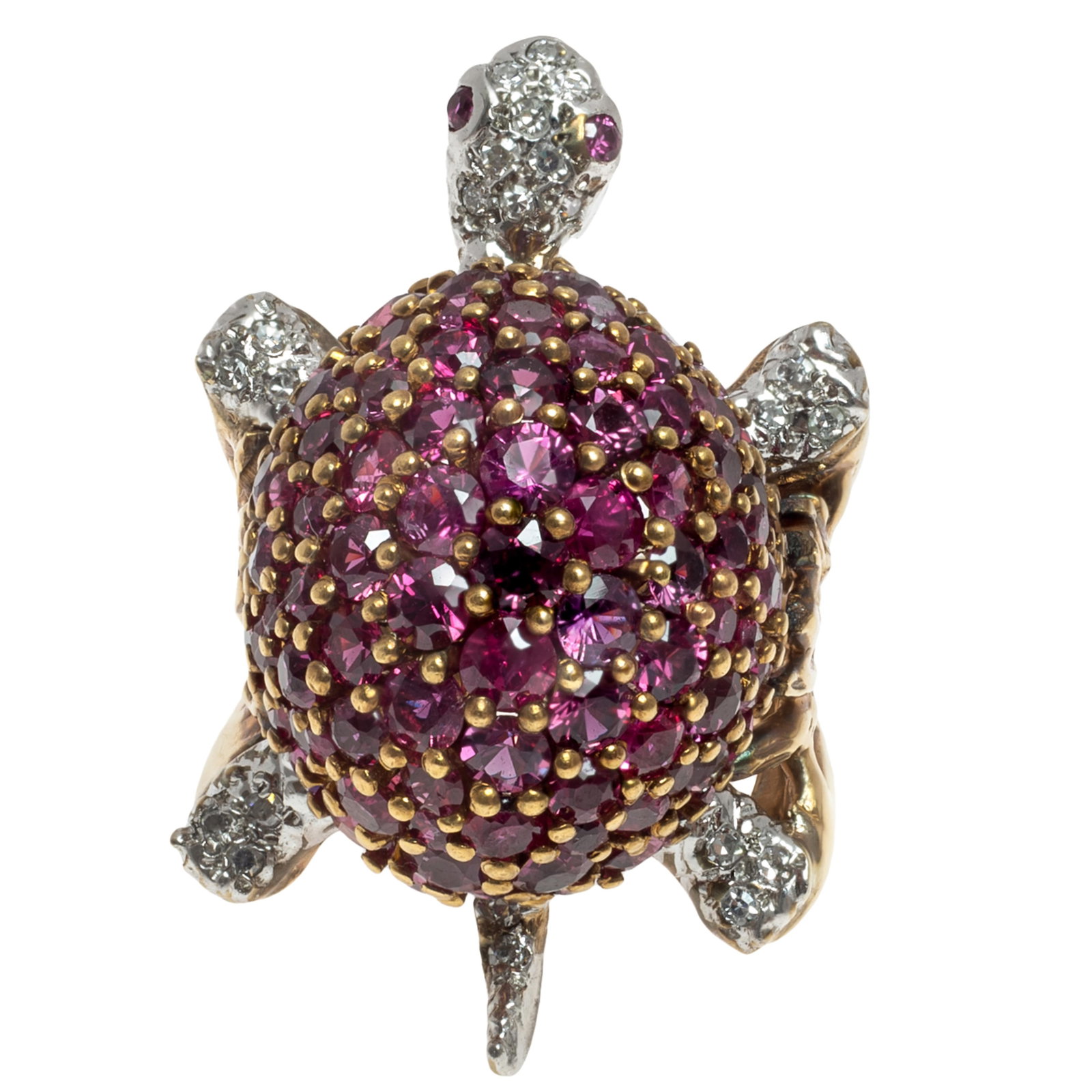 Diamond, Ruby, 14k Turtle Ring: Diamond, Ruby, 14k Turtle Ring Designed as a turtle, the shell and eyes highlighted by numerous round-cut rubies, the head, feet and tail featuring twenty-three single-cut diamonds weighing a total of