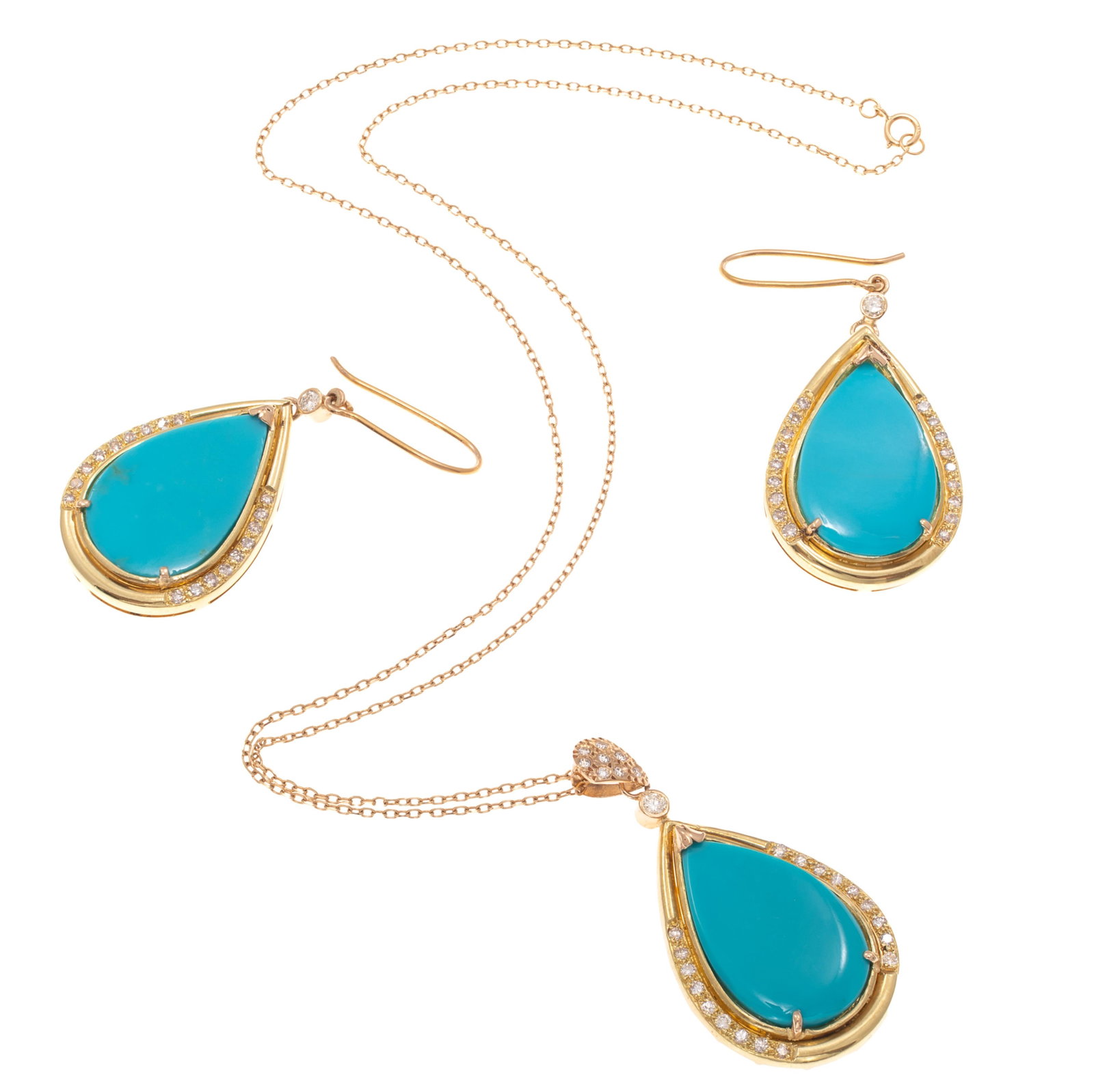 Turquoise, Diamond, 18k Yellow Gold Jewelry Suite: Turquoise, Diamond, 18k Yellow Gold Jewelry Suite Including a necklace featuring one pear-shape turquoise cabochon measuring approximately 24.0 x 15.8 mm, accented by twenty-seven round brilliant-cut 