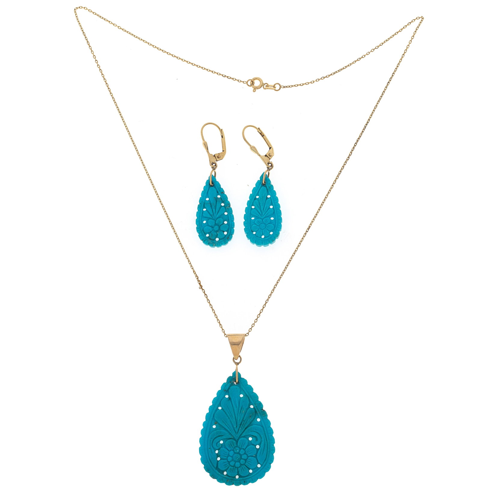 Turquoise, 14k Yellow Gold Jewelry Suite: Turquoise, 14k Yellow Gold Jewelry Suite Including one carved, foliate motif turquoise, 14k yellow gold pendant measuring approximately 2.20 x 1.10 inches, suspended by a 14k yellow gold, 18 inch cabl