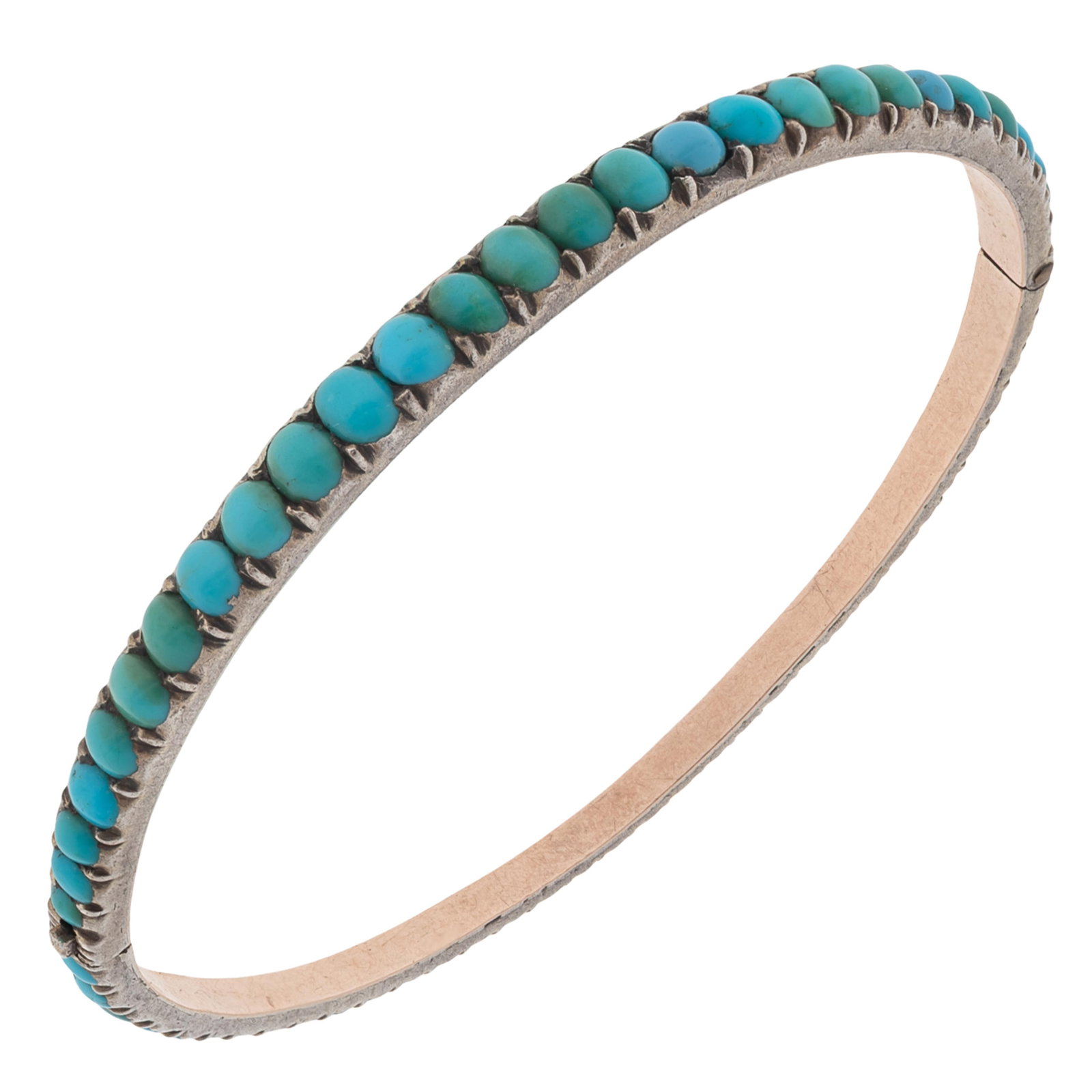 Victorian Turquoise, Gold, Silver Bracelet: Victorian Turquoise, Gold, Silver Bracelet Featuring round and oval-cut turquoise cabochons graduating from approximately 3.8 to 2.0 mm, set in a hinged, sterling topped, 10k rose gold bracelet mounti