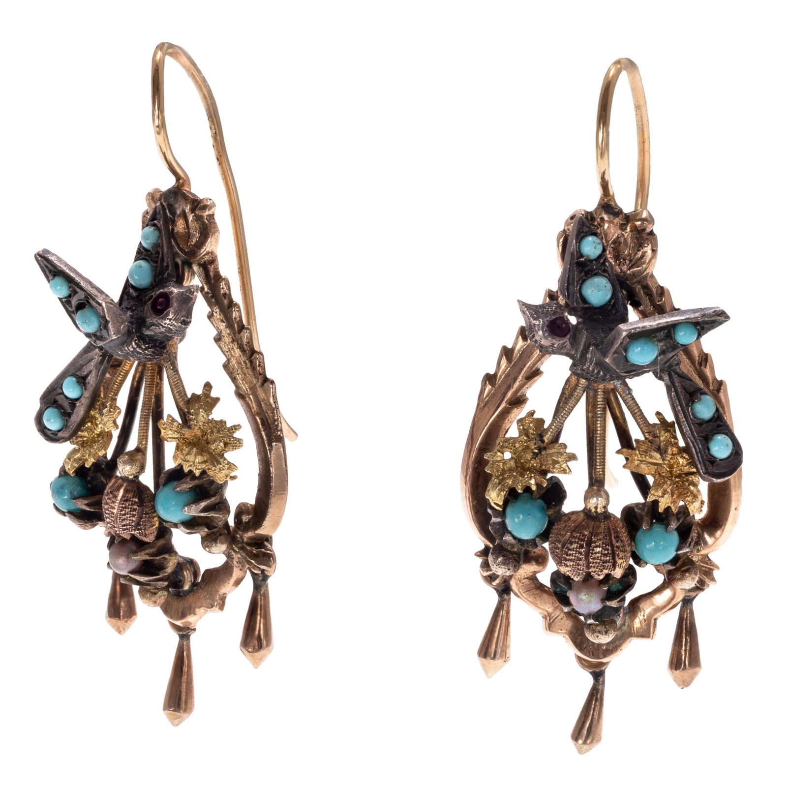 Pair of Victorian Glass, Gold, Silver 'Bird' Earrings: Pair of Victorian Glass, Gold, Silver 'Bird' Earrings Each designed as a silver bird perched on a branch with cascading leaves, highlighted by glass and set in a 10k-14k yellow and rose gold earring m