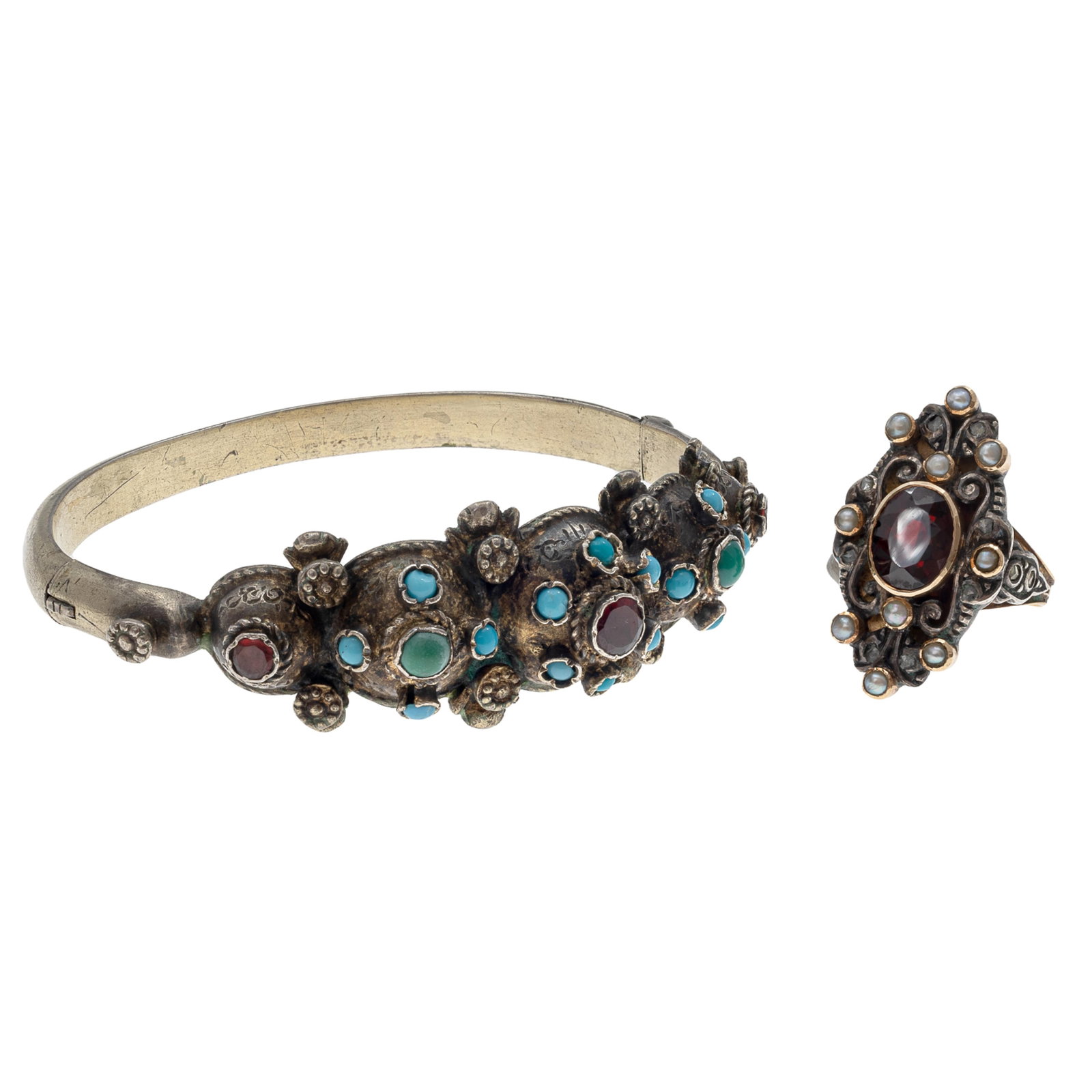 Austro-Hungarian Garnet, Multi-Stone Silver Bracelet and 18k, Silver Ring (1 of 6)