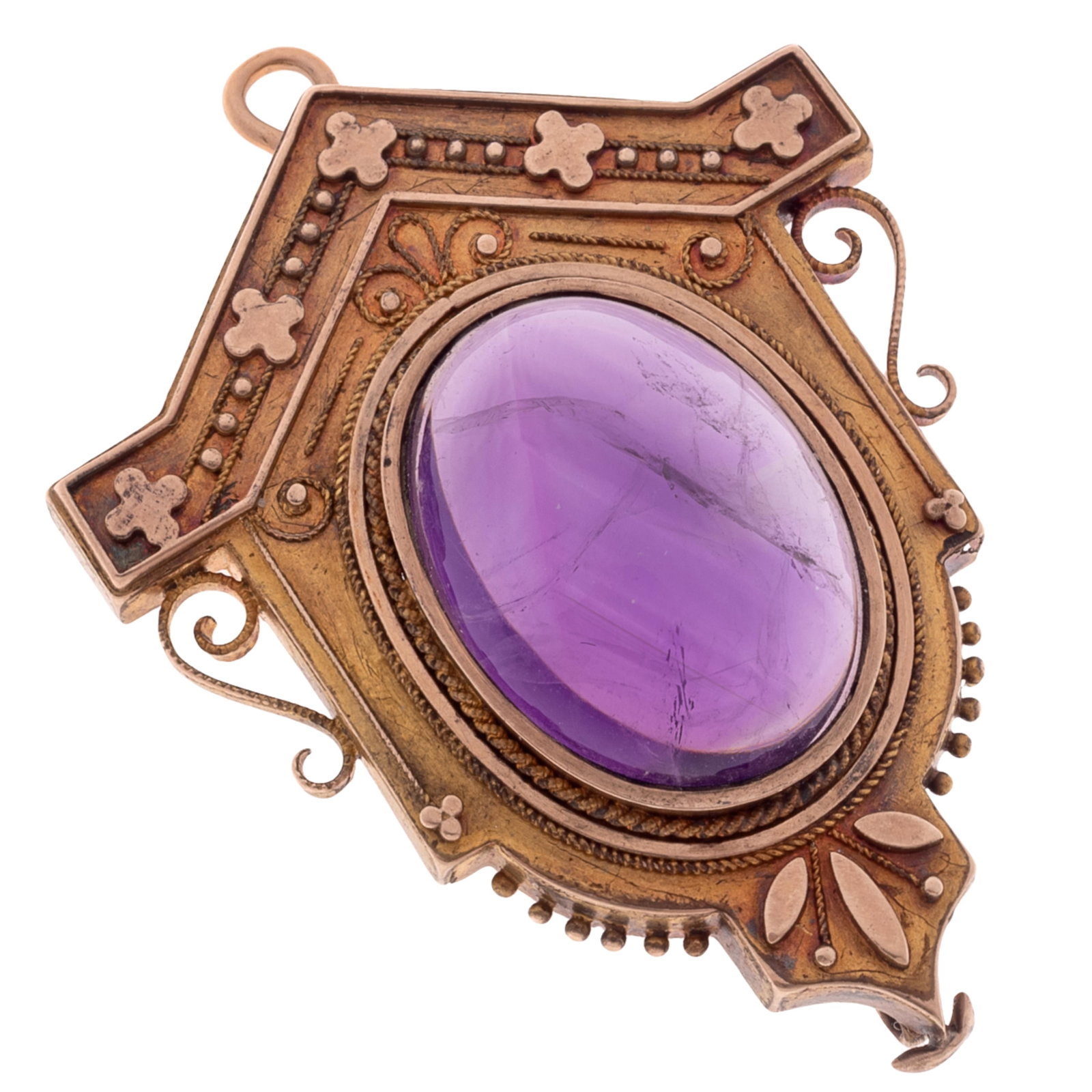Victorian Amethyst, 14k Yellow Gold Pin Pendant: Victorian Amethyst, 14k Yellow Gold Pin Pendant Featuring an oval amethyst cabochon measuring approximately 19.6 x 14.8 mm, highlighted by applied ropework, sphere and foliate embellishments to a 14k 