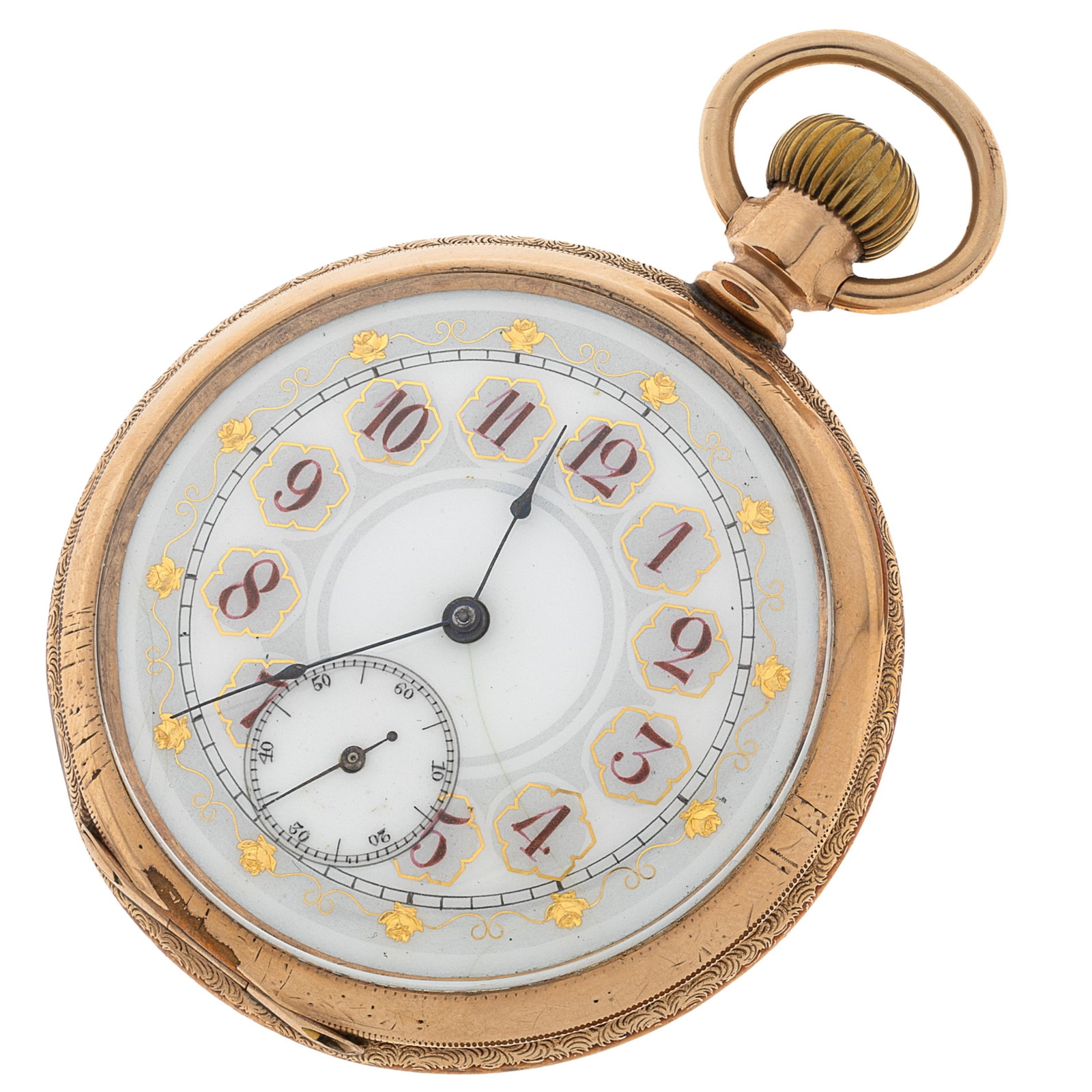 Elgin Fancy Dial Gold-Filled Pocket Watch: Elgin Fancy Dial Gold-Filled Pocket Watch DIAL: Round, white with gilt roses and scrolls, maroon enamel Arabic hour markers, gray outer minutes track, blued spade hands, subsidiary dial at 6 o'clock. 