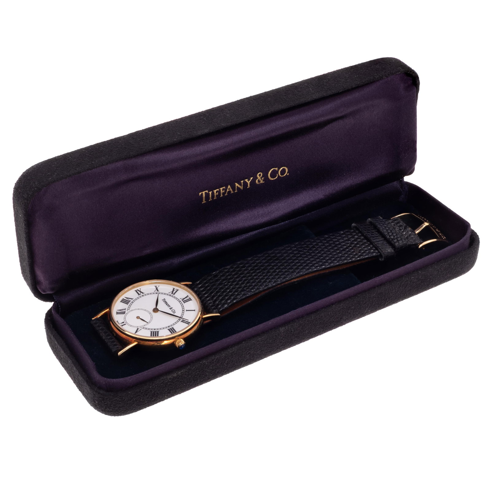 Tiffany & Co. 14k Yellow Gold Wristwatch: Tiffany & Co. 14k Yellow Gold Wristwatch DIAL: Round, white, black Roman numeral hour markers, black inner minutes track. black leaf hands, subsidiary dial at 6 o'clock, Tiffany & Co., Swiss Made. MOV