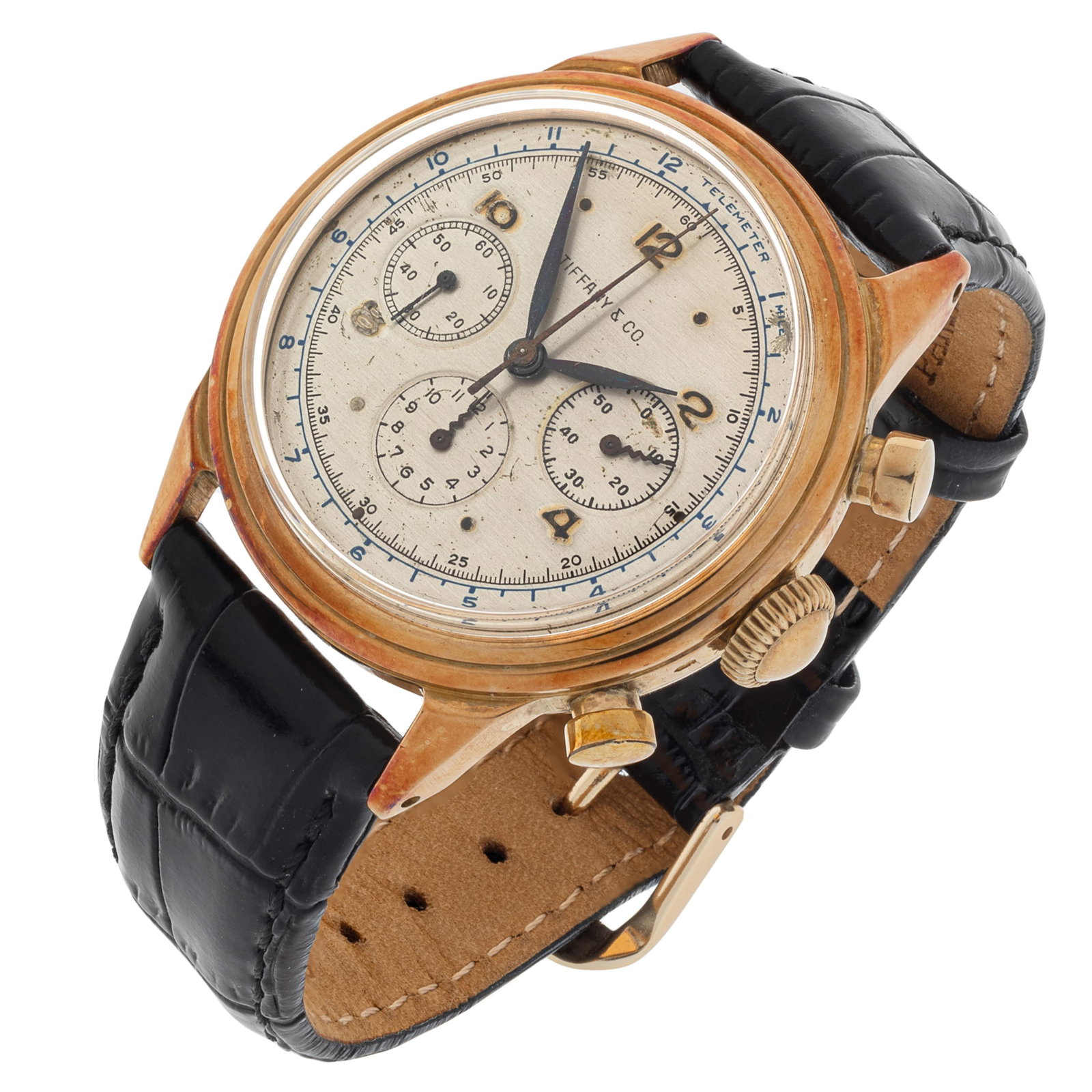 Movado for Tiffany & Co. 14k Chronograph Wristwatch, Ref 49038: Movado for Tiffany & Co. 14k Chronograph Wristwatch, Ref 49038 DIAL: Round, silvered, applied Arabic hour markers, blued leaf hands, black inner minutes track, blue outer telemeter, 3 subsidiary dials