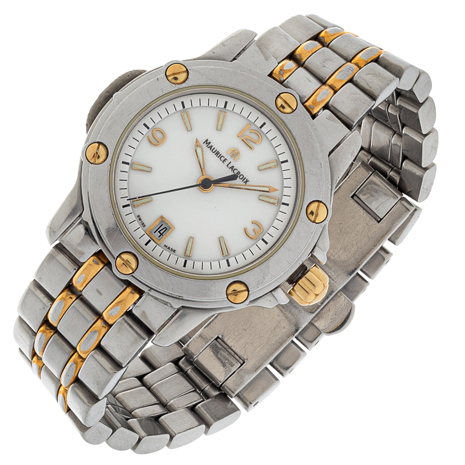 Ladies Maurice Lacroix 18k, Stainless Steel Watch, Ref 89819: Ladies Maurice Lacroix 18k, Stainless Steel Watch, Ref 89819 DIAL: Round, white, applied gilt Arabic and luminous stick hour markers, luminous baton hands, center seconds sweep, date aperture at 6 o'c