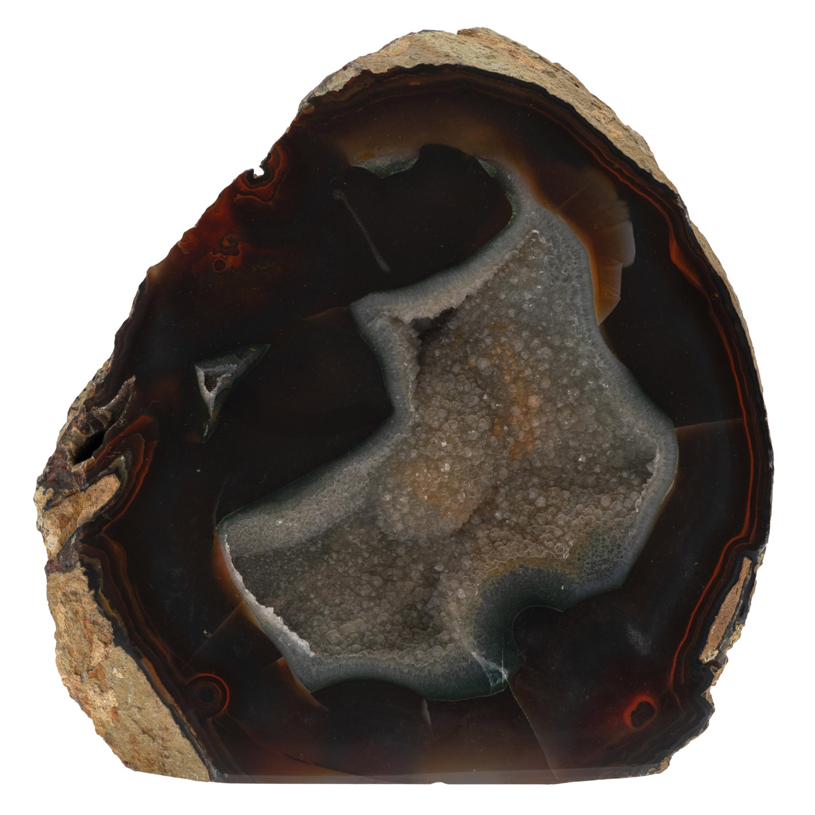 Agate Geode: Agate Geode Sawn and polished agate geode displaying bands of brown, russet and gray, centering numerous quartz crystal points. Measures approximately 8.0 x 8.25 x 4.0 inches. Weight: 9.05 lb (4.10 kg