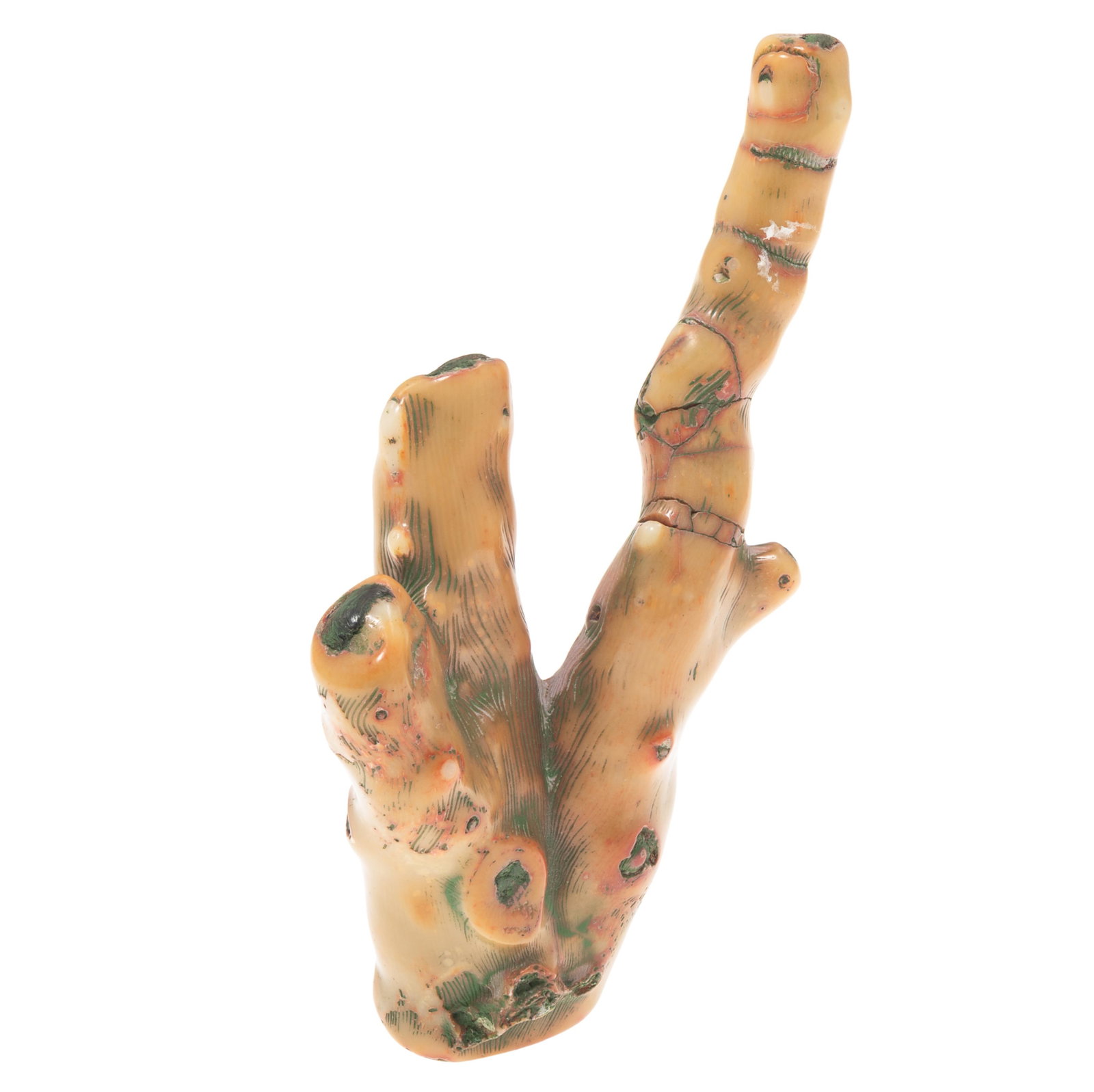 Chinese Coral Branch: Chinese Coral Branch The naturalistic branching form with knots and gnarls. 6 1/2in (17cm) l. Condition: Repaired break on one branch