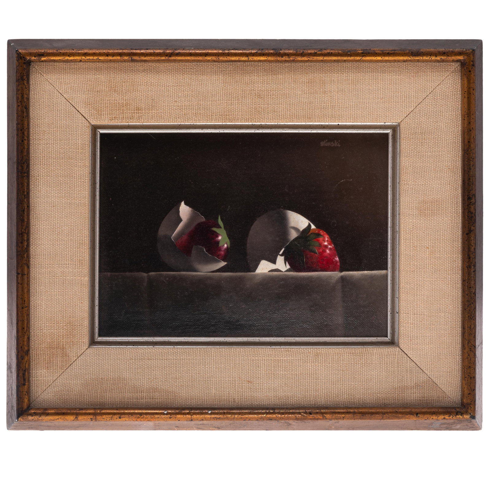 Gerald Stinski (American, 1929-2015).: Gerald Stinski (American, 1929-2015). Still-Life of Strawberries and Egg Shells. Oil on panel, signed (upper right), framed. 5 x 7in. (12 x 18cm). 9 1/2 x 11 1/2in. (24 x 29.3cm/frame). Gerald Stinski