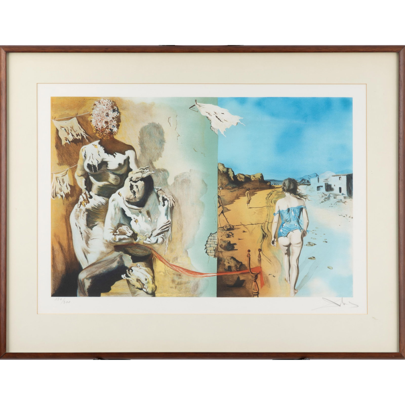 After Salvador Dali (Spanish, 1904-1989): After Salvador Dali (Spanish, 1904-1989) Dream Puts Her Hand on Man's Shoulder, circa 1960. Offset color lithograph on wove paper, signed in pencil, numbered 180/300, with margins, framed. 21 5/8 x