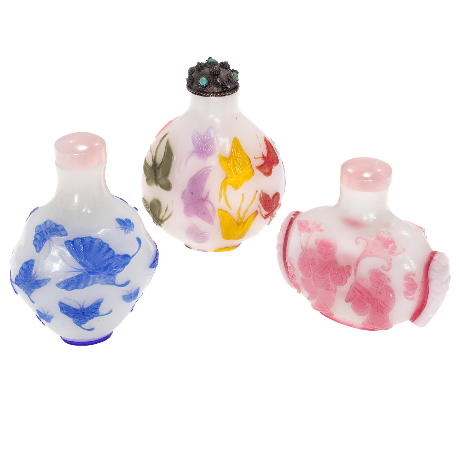 Three Chinese Peking Glass Overlay Snuff Bottles.: Three Chinese Peking Glass Overlay Snuff Bottles. Comprising: First is multi-color Butterflies bottle, white glass ground with yellow, red, green, purple overlay carved butterflies, metal stopper with