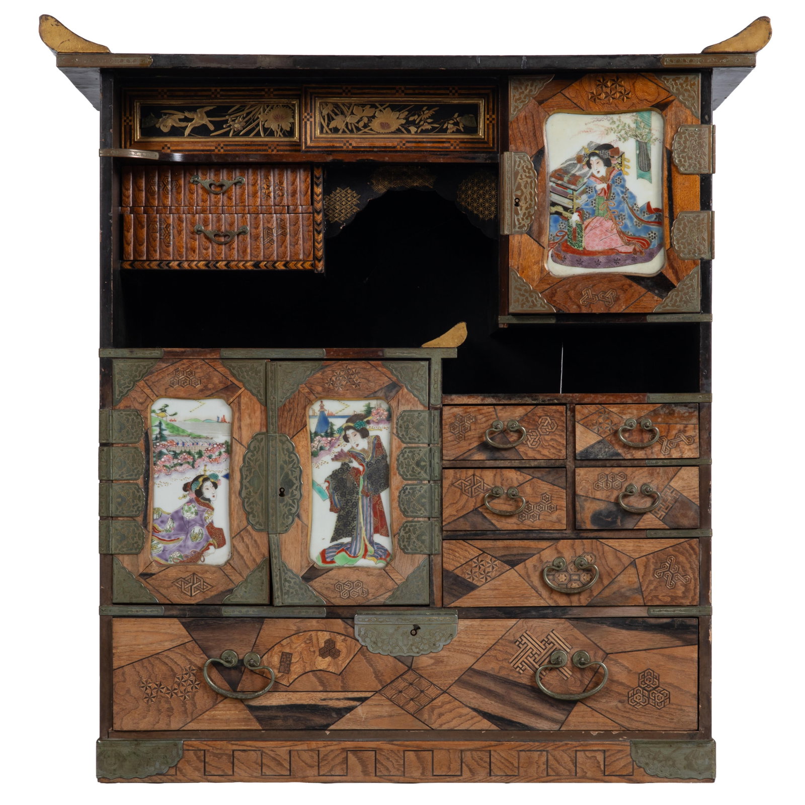 A Fine Japanese Parquetry Shodana Cabinet: A Fine Japanese Parquetry Shodana Cabinet Meiji Period, Late 19th Century. Fine shoran scholar's cabinet is constructed in the yosegi-zaiku parquetry technique, employing multiple types of Japanese wo
