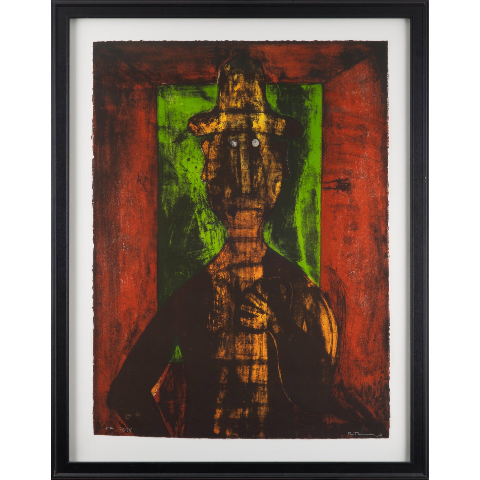 Rufino Tamayo (Mexican, 1899-1991).: Rufino Tamayo (Mexican, 1899-1991). Hombre en Fondo Verde (Man in Green Background), 1980. Color lithograph on wove paper, signed in white pencil and annotated 'HC 24/25', an hors commerce impression 