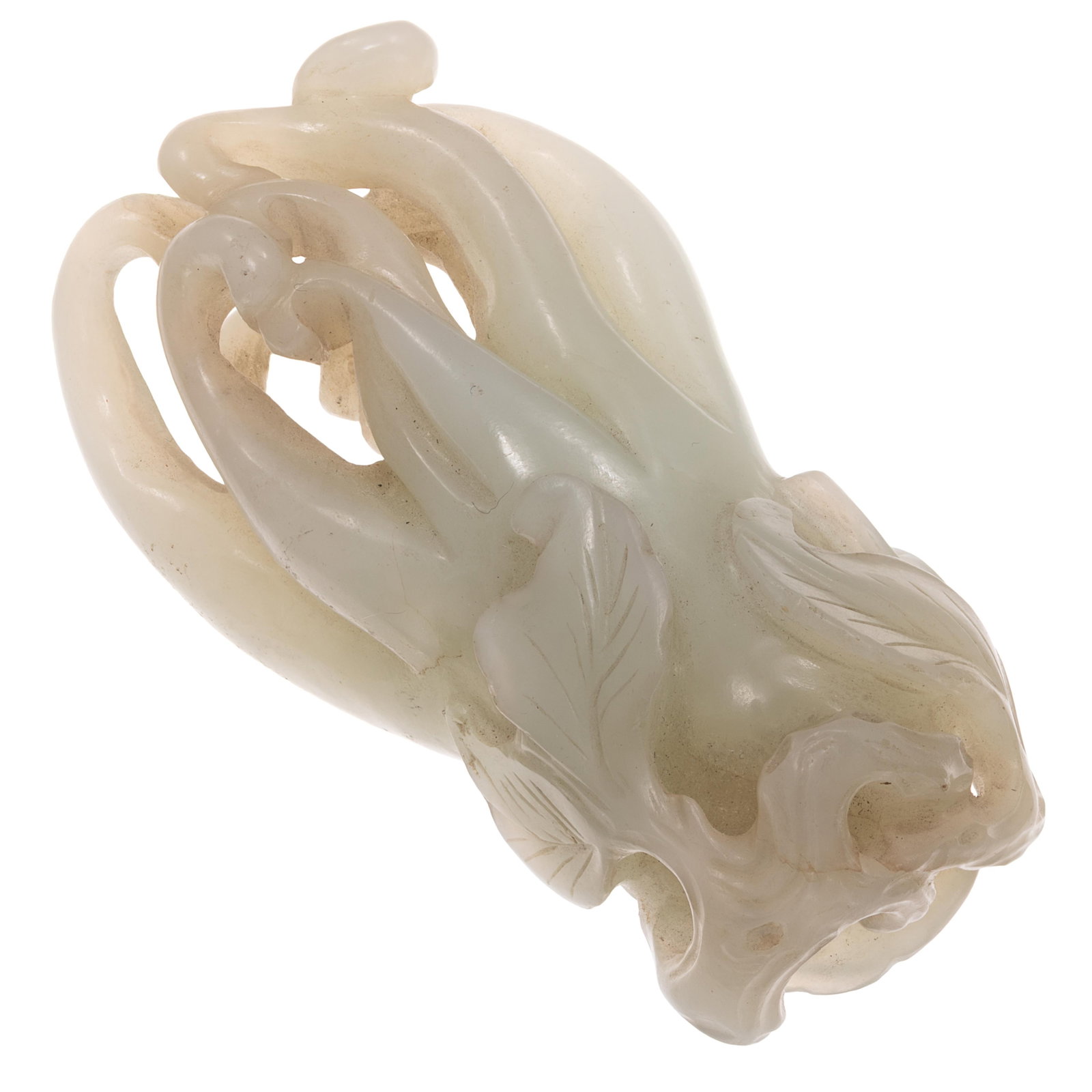 Chinese Celadon Jade Carving of Buddha's Hand: Chinese Celadon Jade Carving of Buddha's Hand The Pale celadon jade carved as a ripe Buddha's hand citron, the sinuous fingers naturalistically rendered with deep undercutting, the fruit issues from g