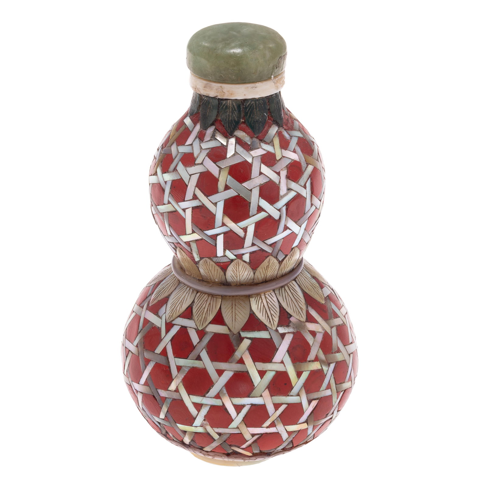 Chinese Inlaid Double Gourd Snuff Bottle: Chinese Inlaid Double Gourd Snuff Bottle Late Qing Dynasty to Republic Period Finely crafted in the form of a double gourd, the bottle is decorated with an intricate geometric lattice pattern composed