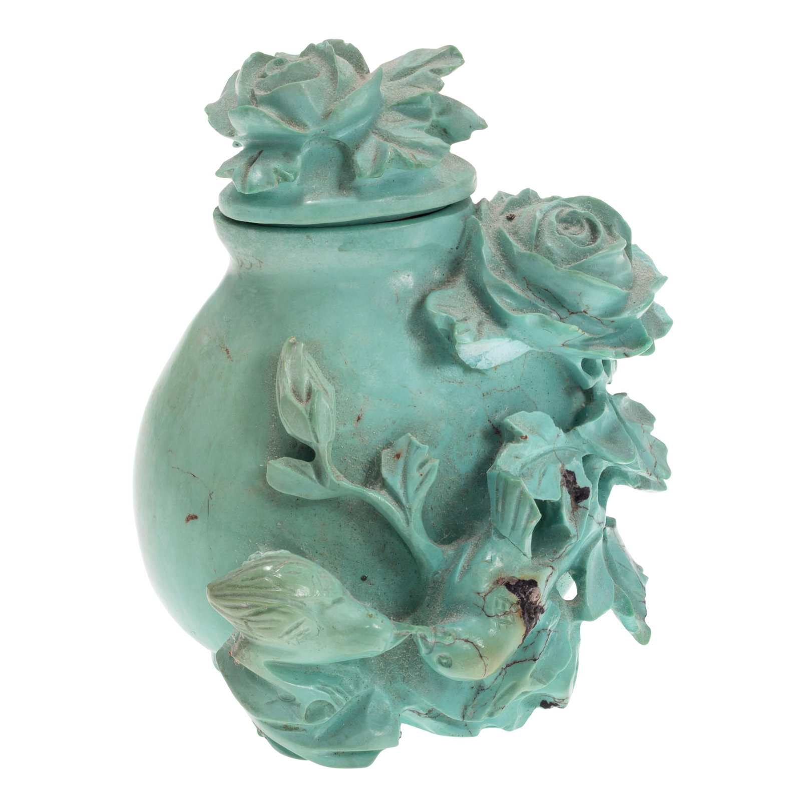 Carved Turquoise Snuff Bottle: Carved Turquoise Snuff Bottle Carved with song birds on flowering branches. 2 1/2in (6.5cm)