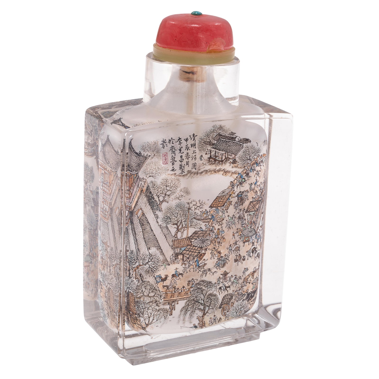 Inside-Painted Crystal Glass Snuff Bottle ‘Qingming Shanghe Tu’, Signed Li Kechang, Dated 1964: Inside-Painted Crystal Glass Snuff Bottle ‘Qingming Shanghe Tu’, Signed Li Kechang, Dated 1964 The bottle of flattened rectangular form, masterfully hollowed from clear crystal glass. The