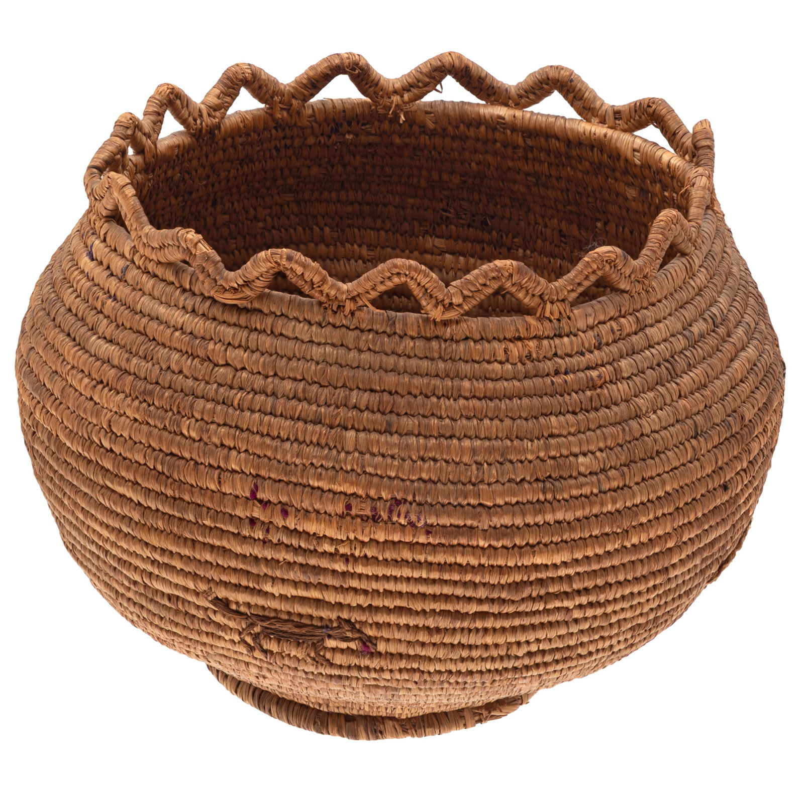Klickitat Basket: Klickitat Basket Woven with zig-zag rim and applied with wolf like figures. 6in (15cm) h. 6 1/2in (17cm) d Condition: Zig-zag rim detached in places.