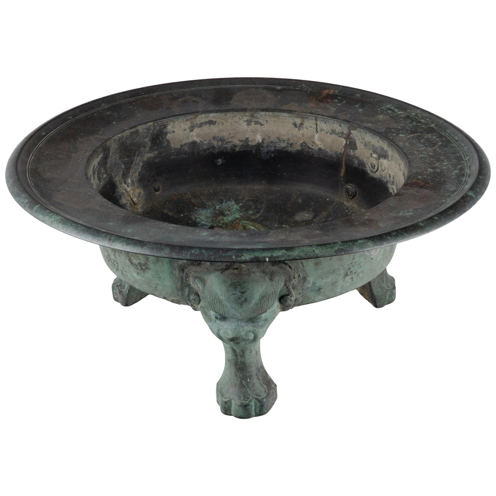 Chinese Archaic Style Bronze Basin: Chinese Archaic Style Bronze Basin 19th to early 20th century. In the archaic pan vessel form. The deep circular bowl with a wide everted rim, supported on three zoomorphic legs cast as mythical