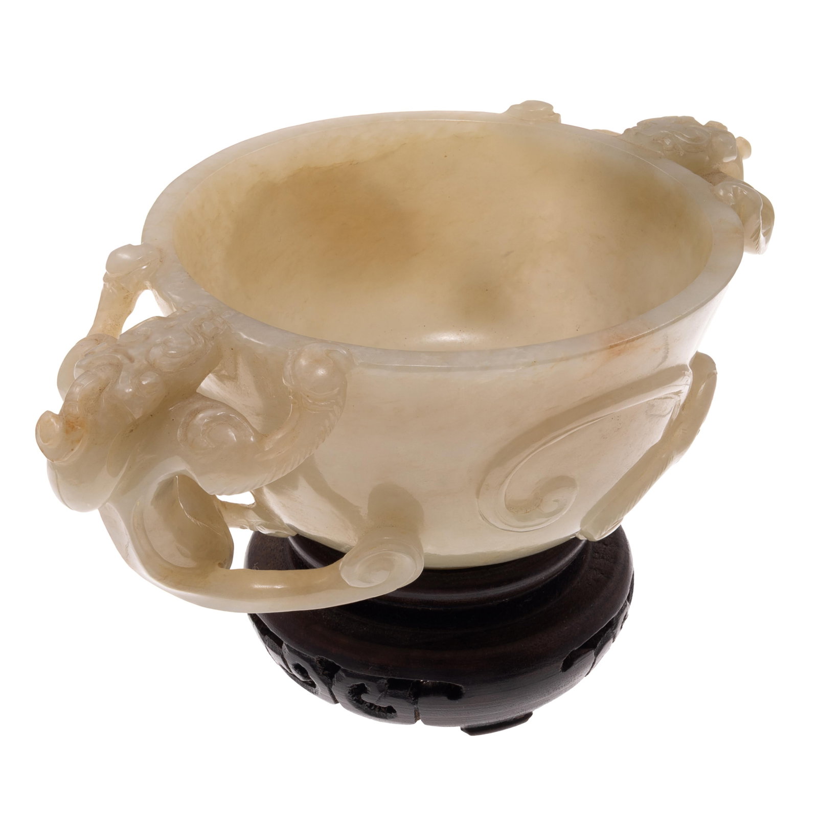 Chinese Celadon Jade Chilling Cup: Chinese Celadon Jade Chilling Cup Late Qing Dynasty. The deep bowl of flattened circular form, raised on a short circular foot ring, flanked by two powerful chilong dragon handles carved in high